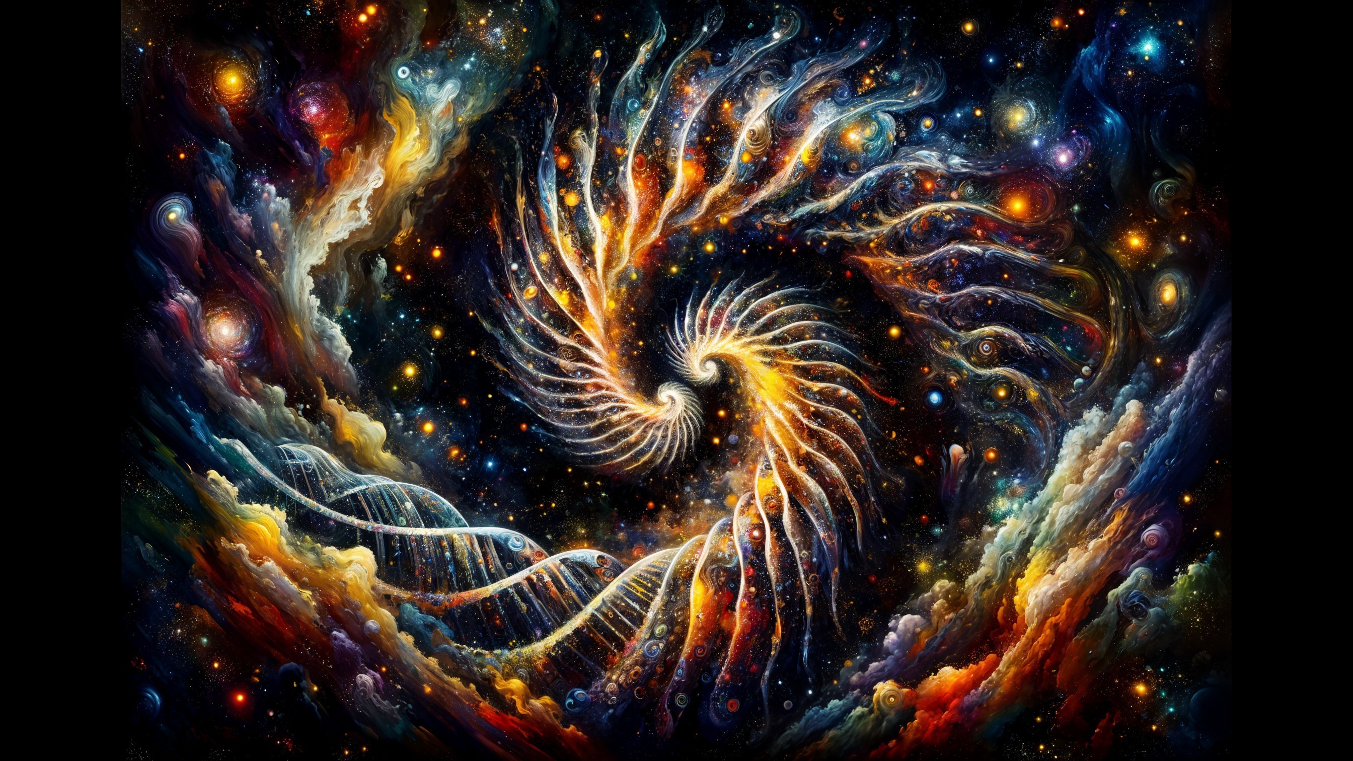 Vibrant Cosmic Spiral with Galaxies and Nebulae