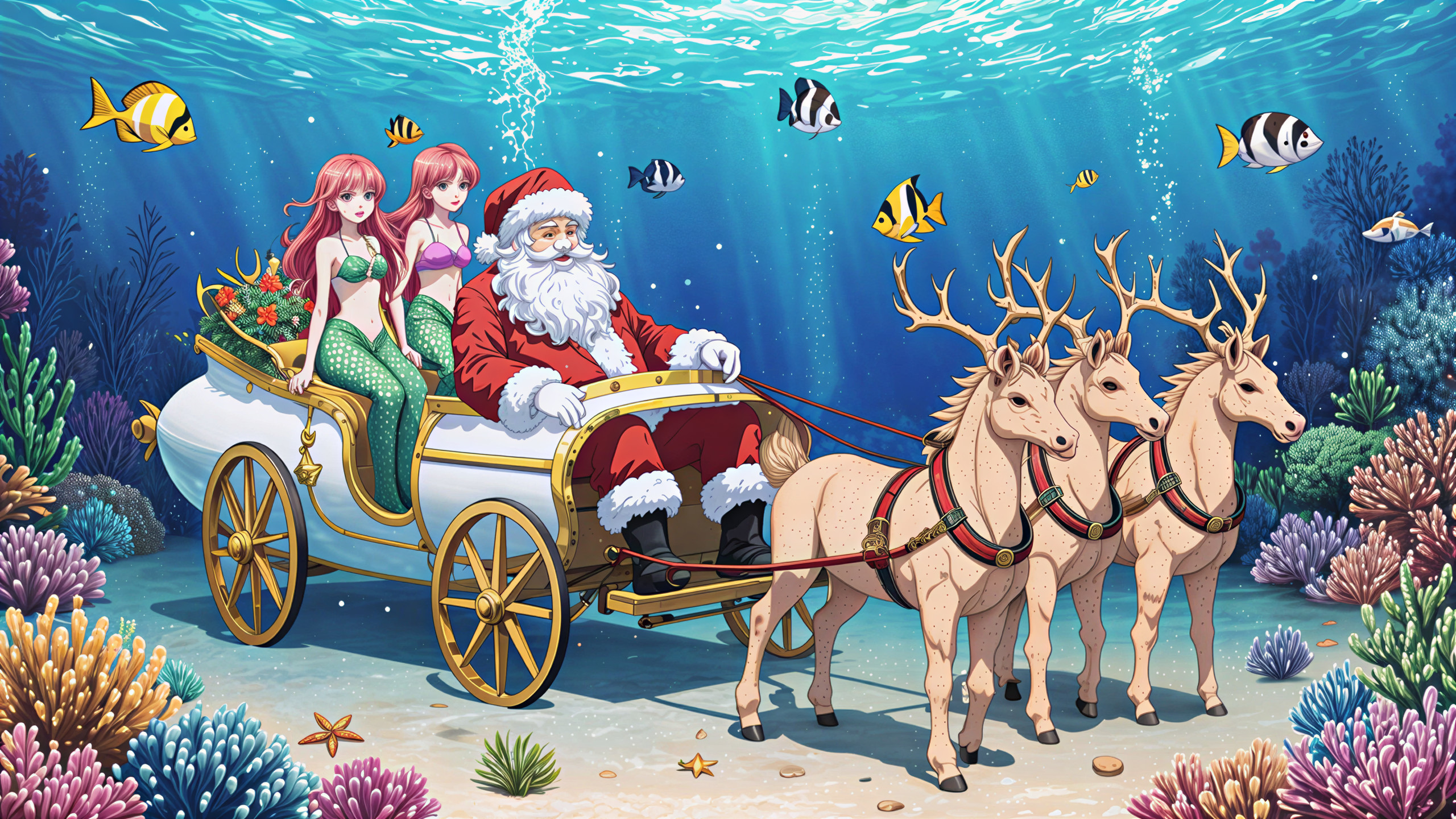 Underwater Holiday Scene with Santa and Mermaids