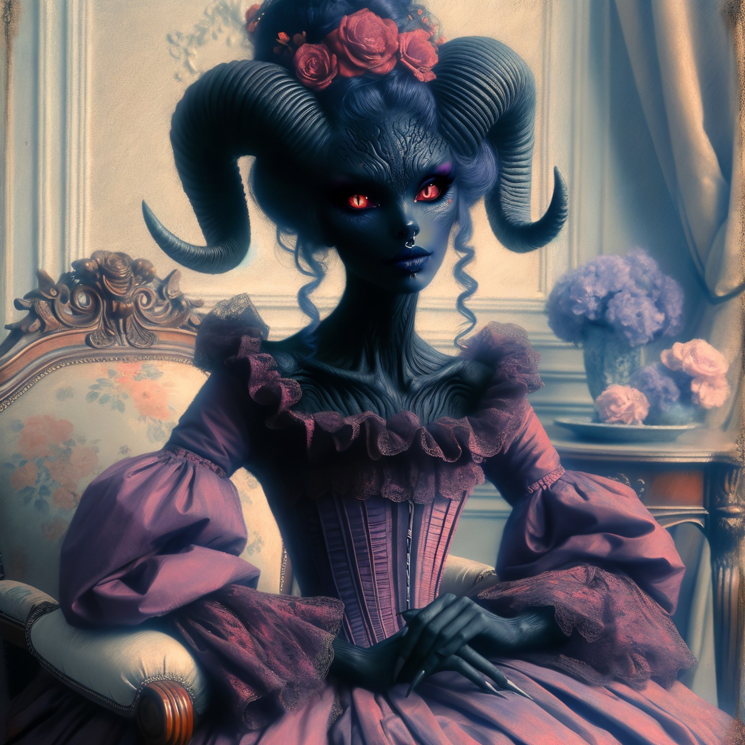 Fantastical Figure in Lavish Room with Floral Accents