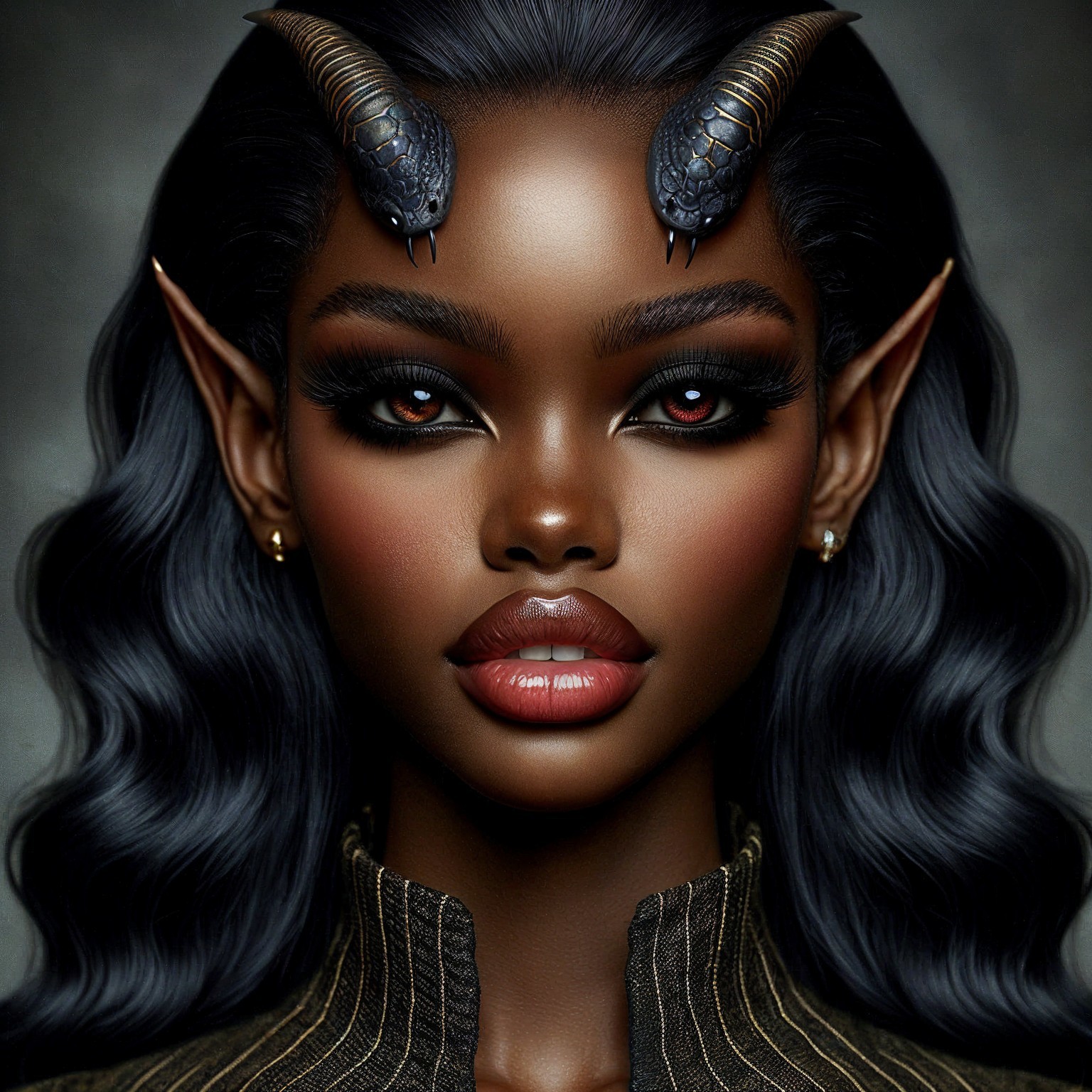 Portrait of a woman with rich skin tones and horns