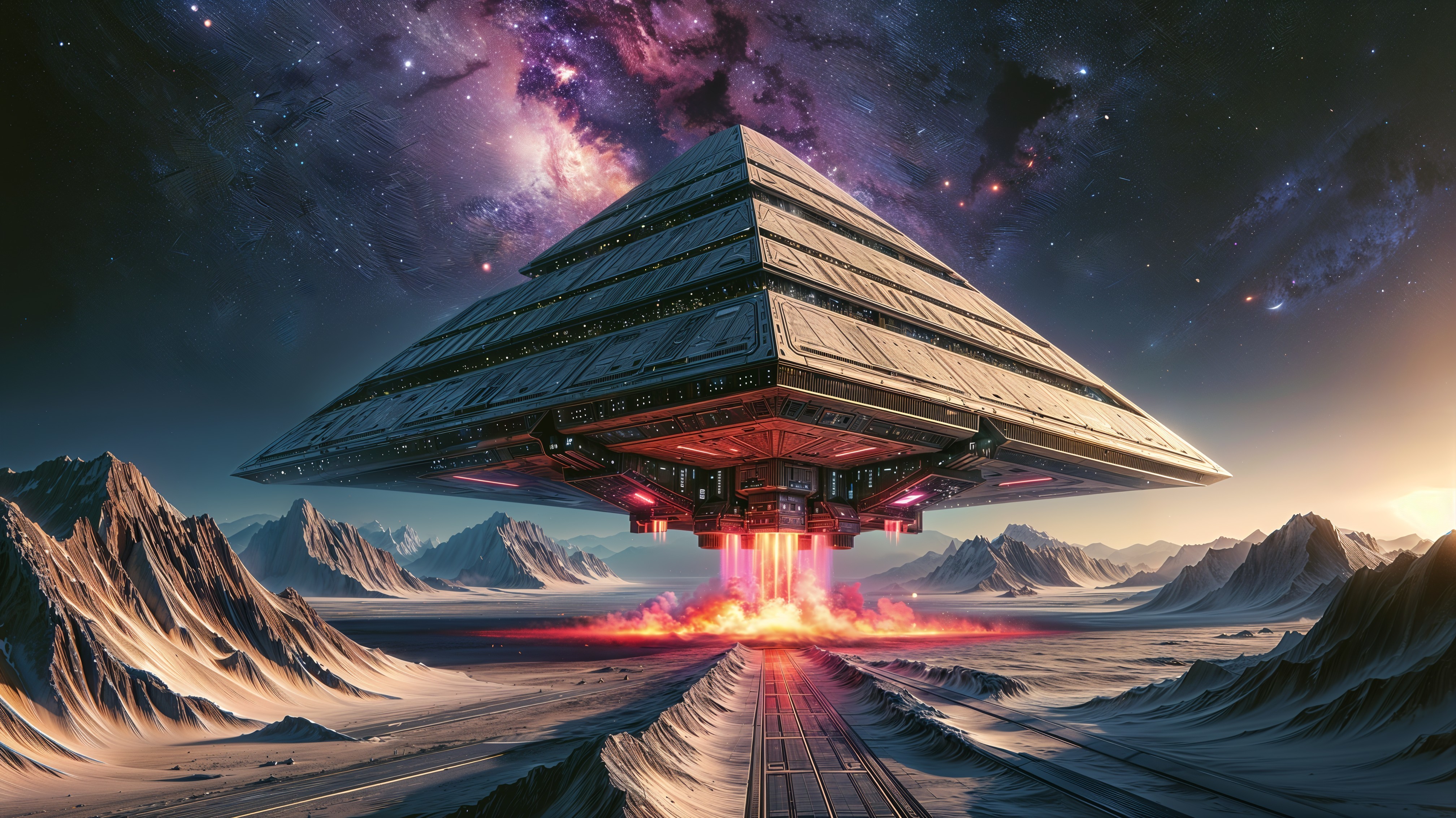 Futuristic pyramid spacecraft above alien landscape