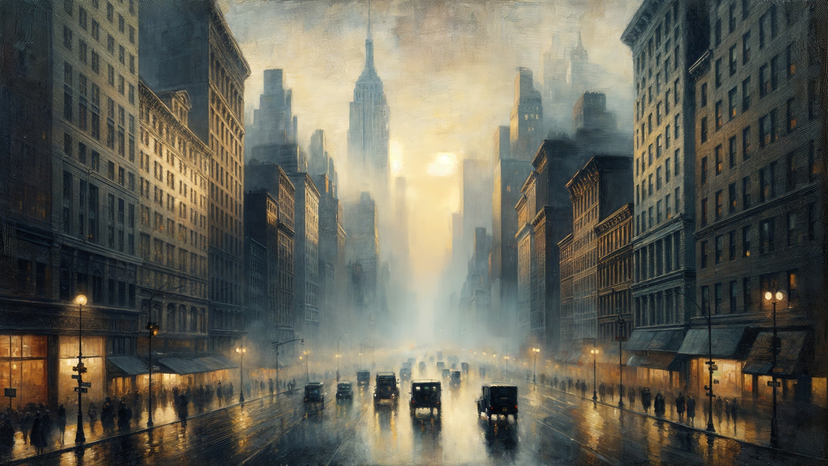 City Street Scene in Misty Golden Light