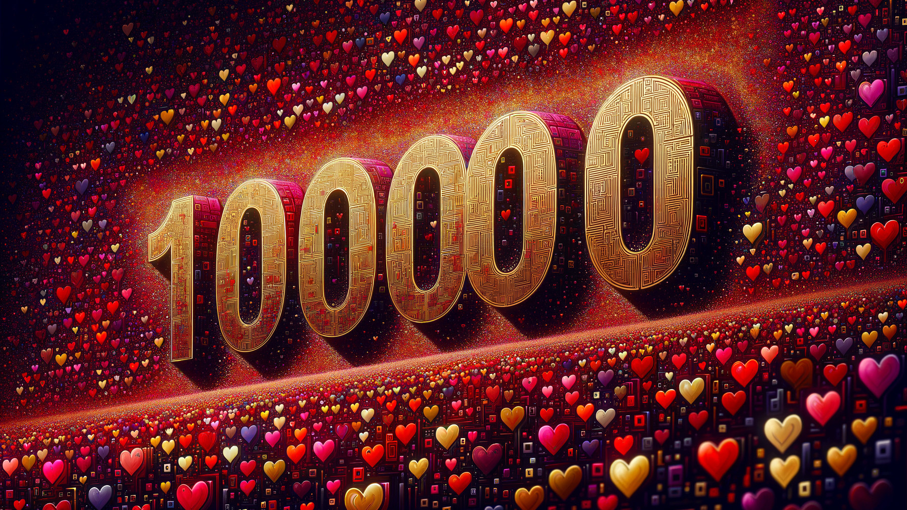 Gold Number 100000 Surrounded by Colorful Hearts