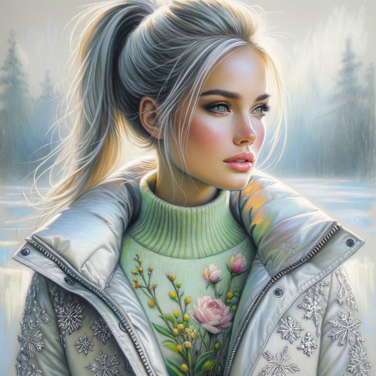 Young Woman in Shimmering Jacket in Winter Setting
