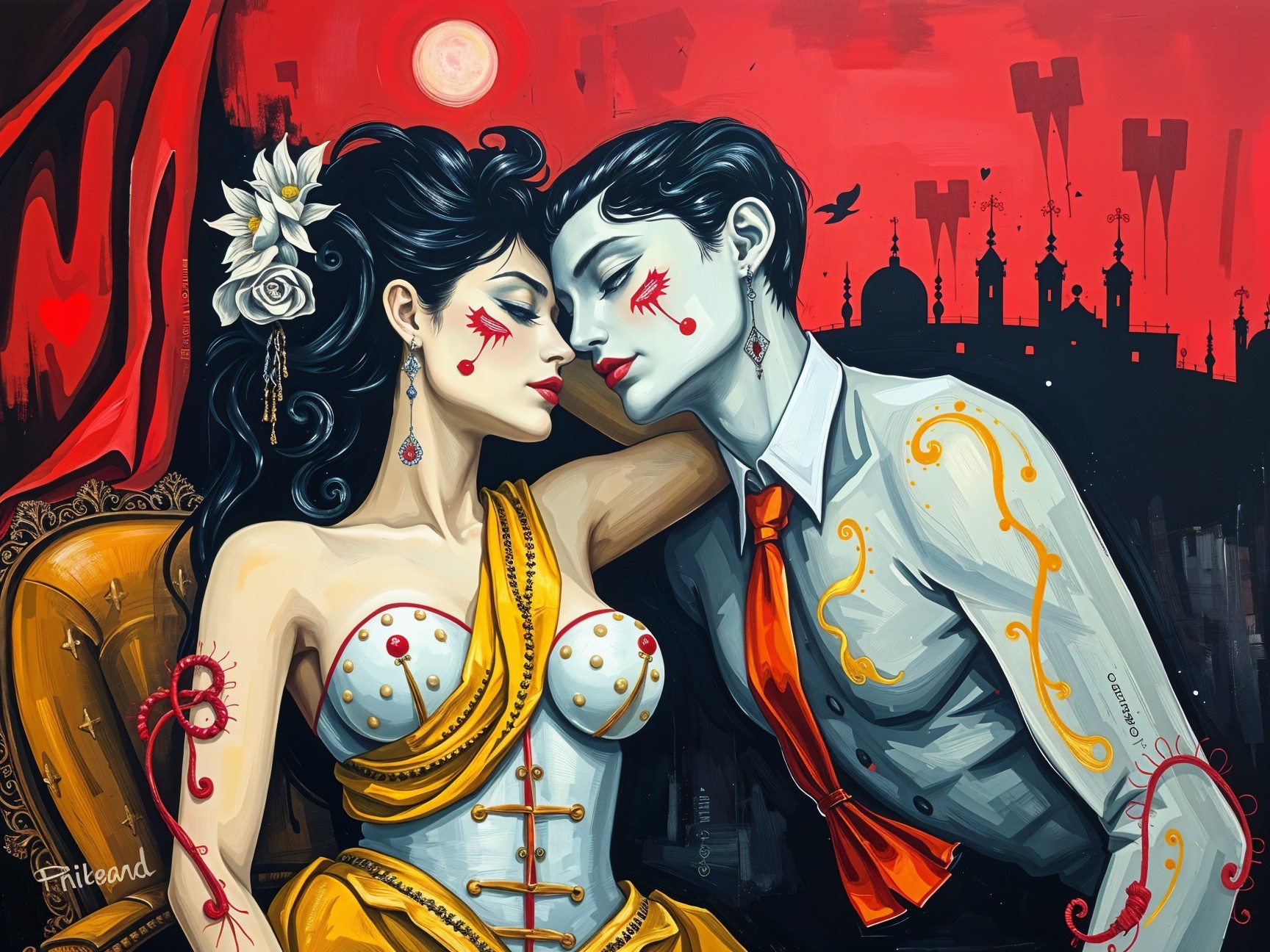 Couple in Dramatic Embrace with Red Background