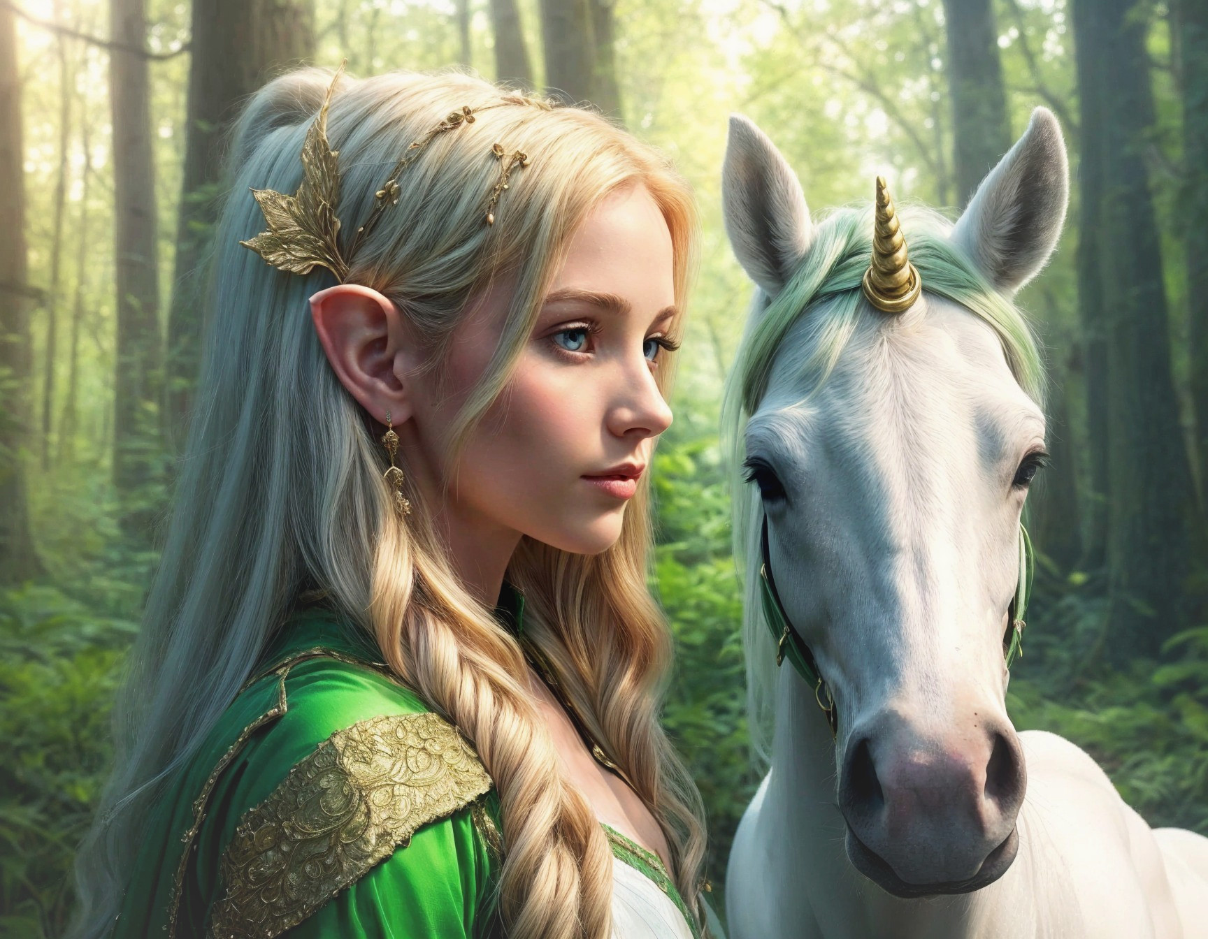 Elf and Unicorn in a Mystical Forest Setting
