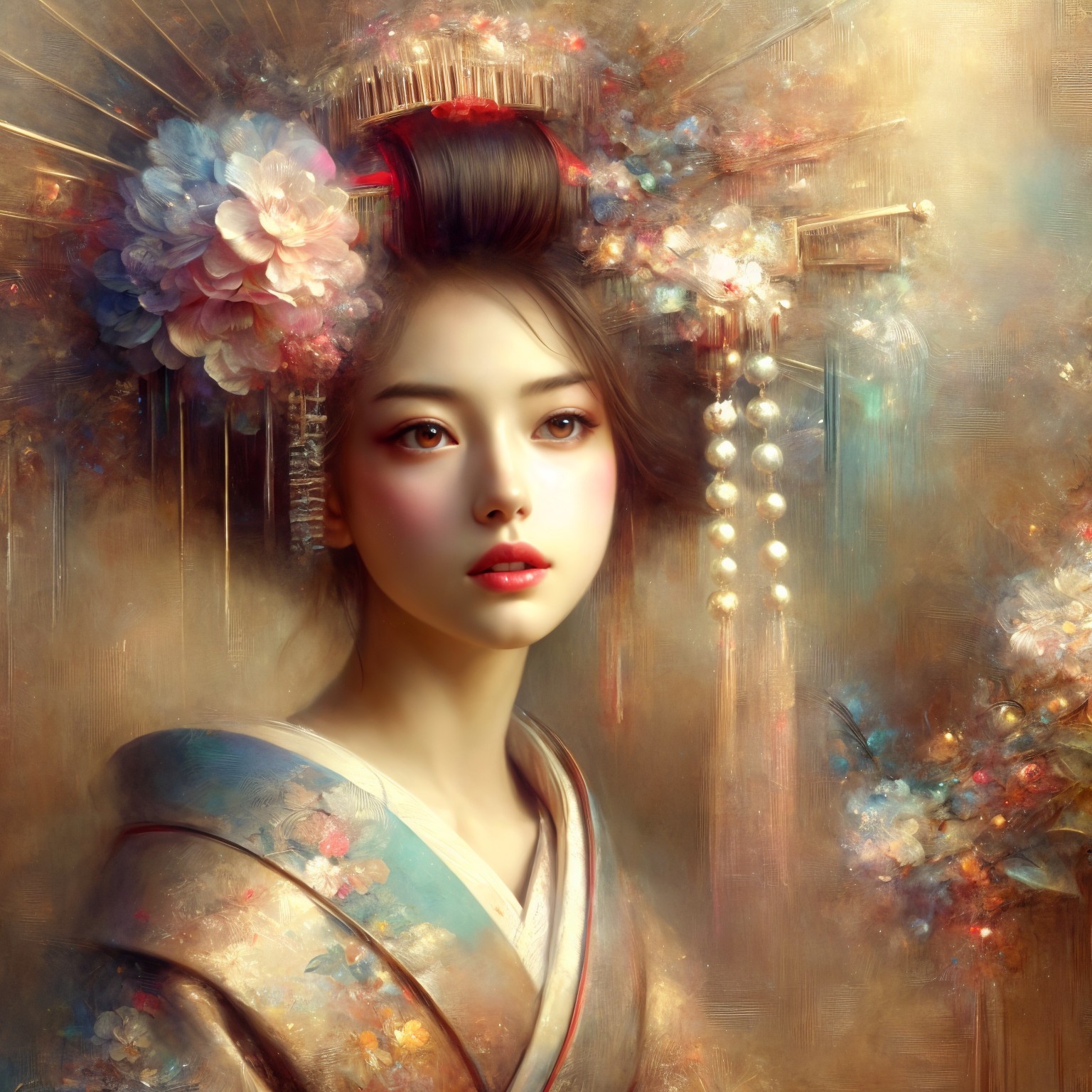Ethereal Portrait of Woman in Detailed Kimono