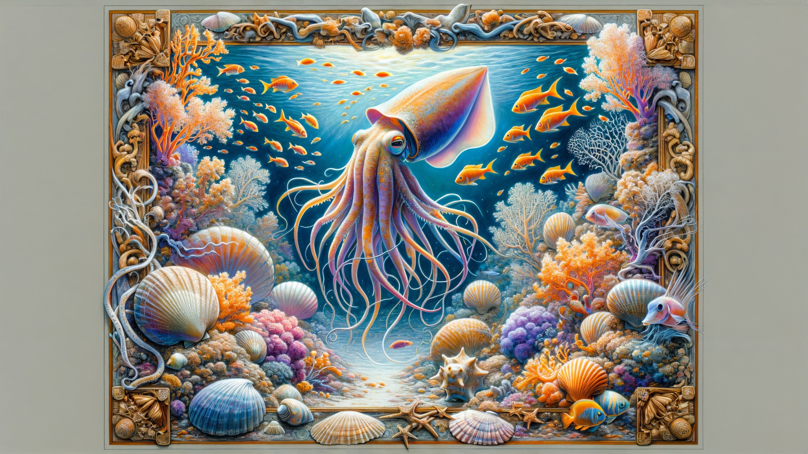 Vibrant Underwater Scene with Majestic Squid and Coral
