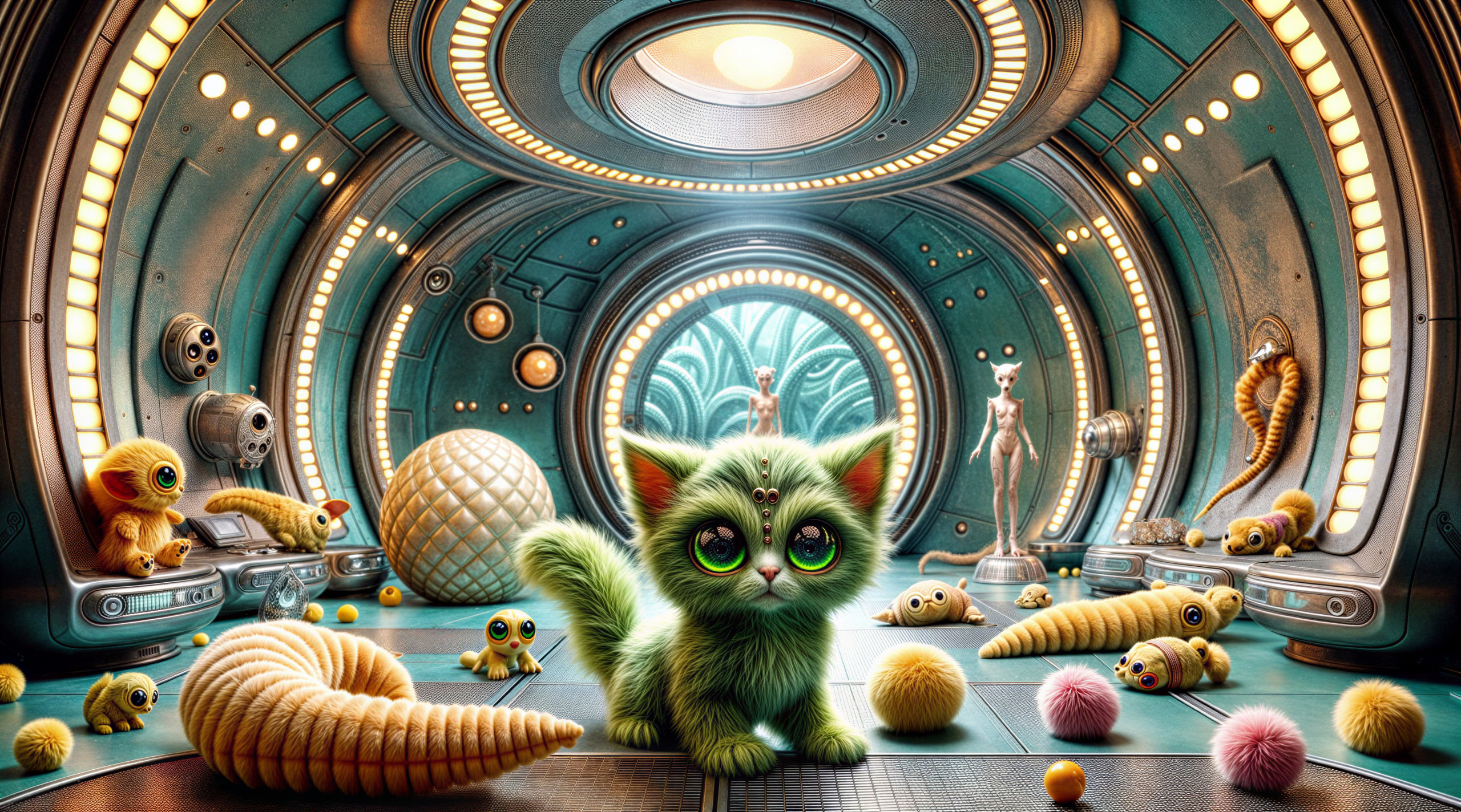 Futuristic Room with Green Kitten and Colorful Creatures