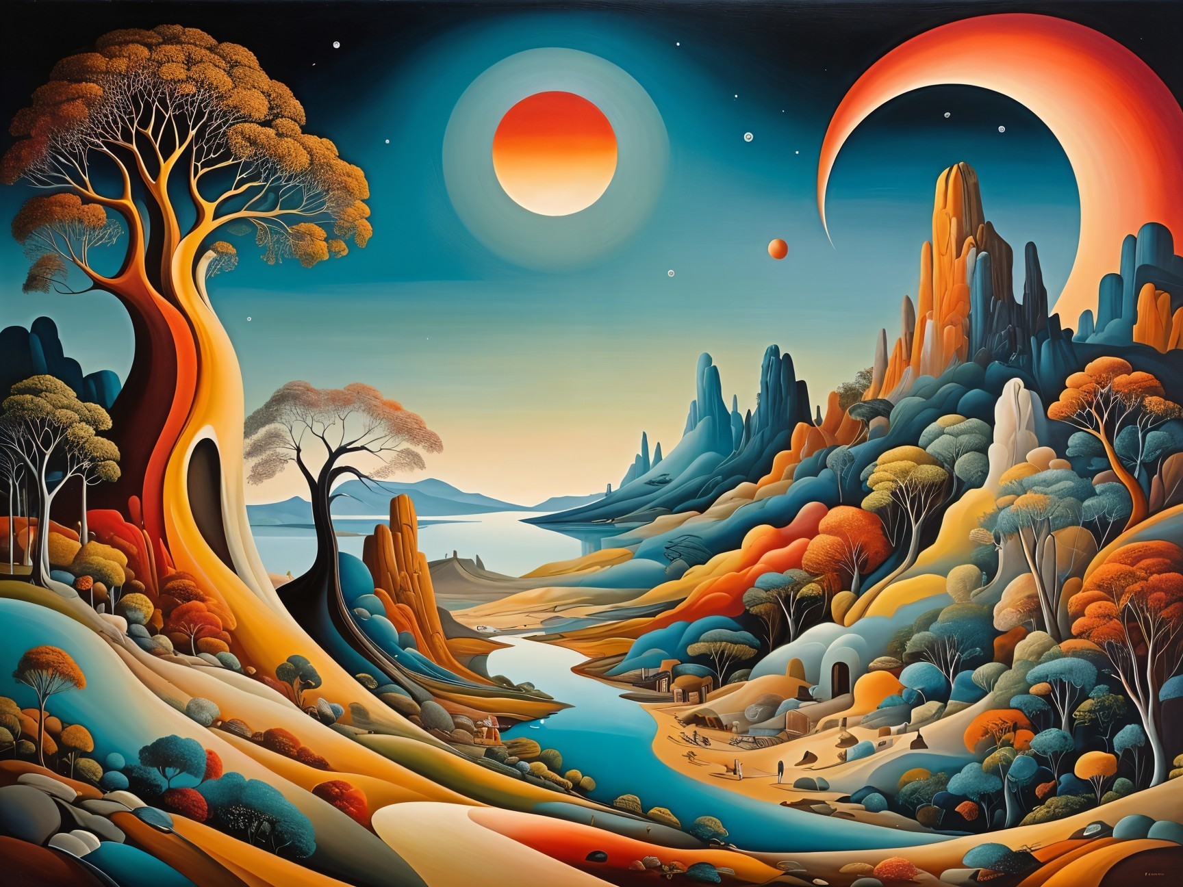 Surreal Landscape with Vibrant Colors and Whimsical Elements