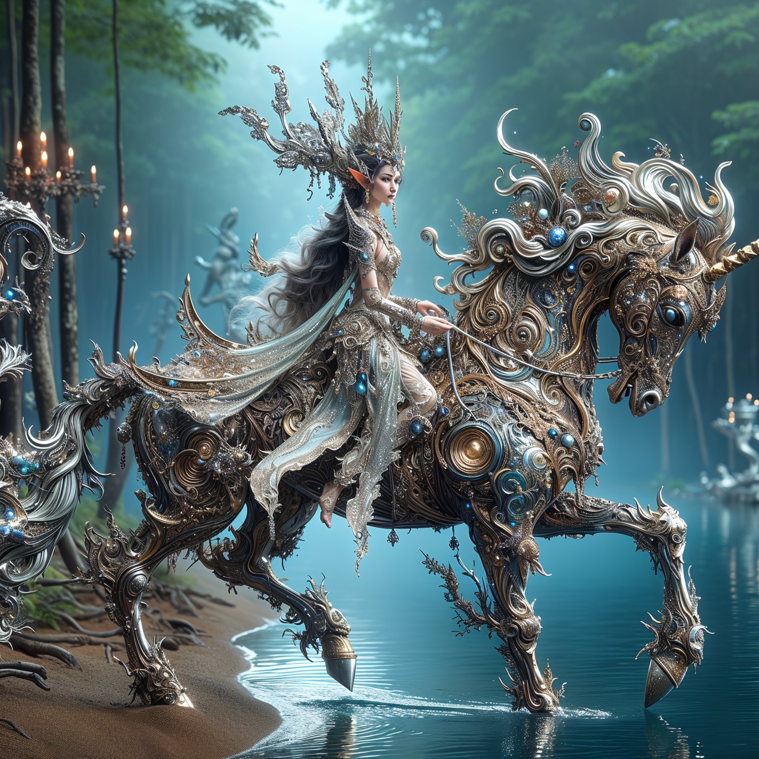 Queen on Unicorn in Mystical Forest Setting