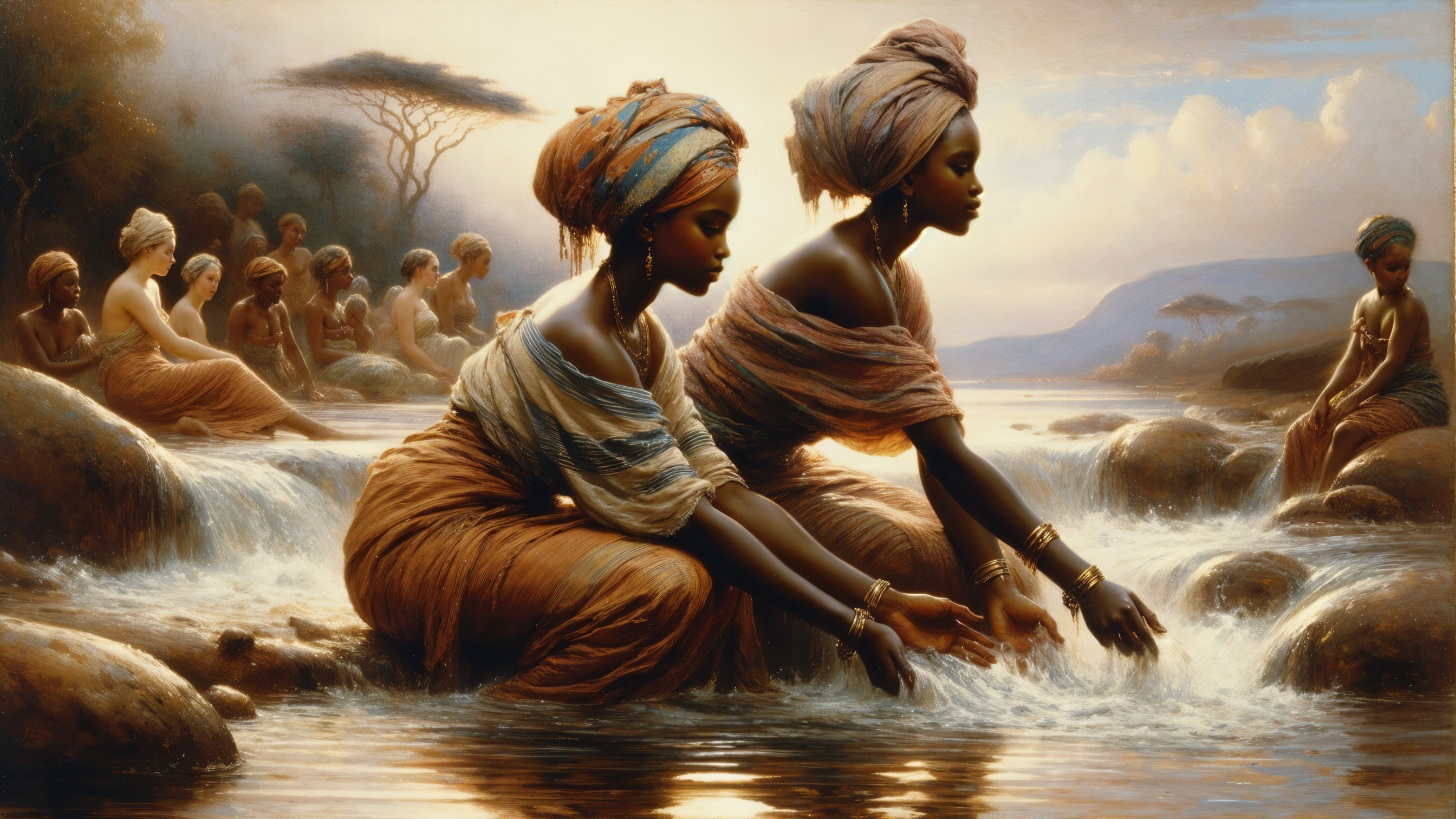 Women in Traditional Attire by a Serene River