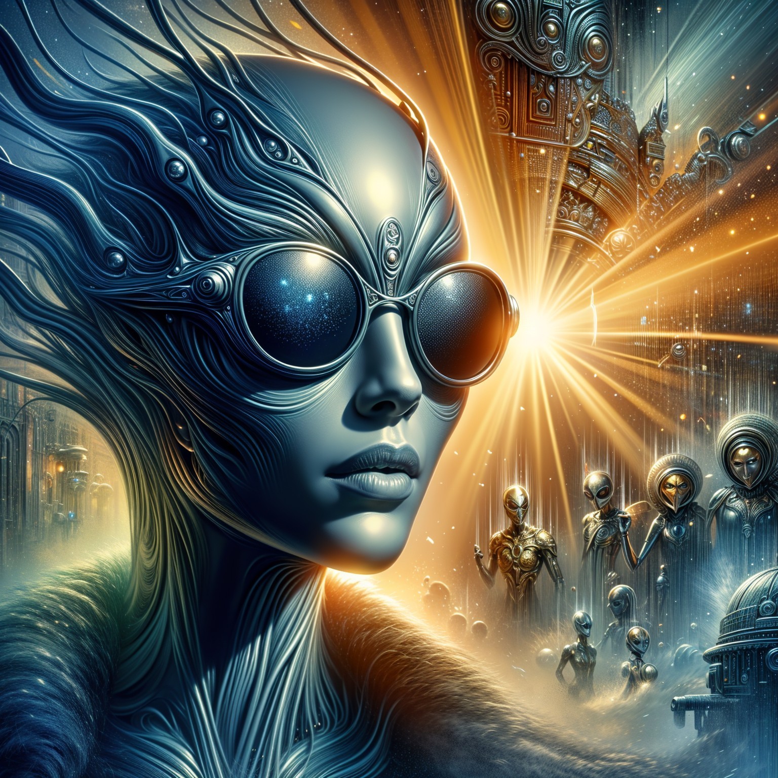 Futuristic Alien Figure in Surreal Cityscape Setting