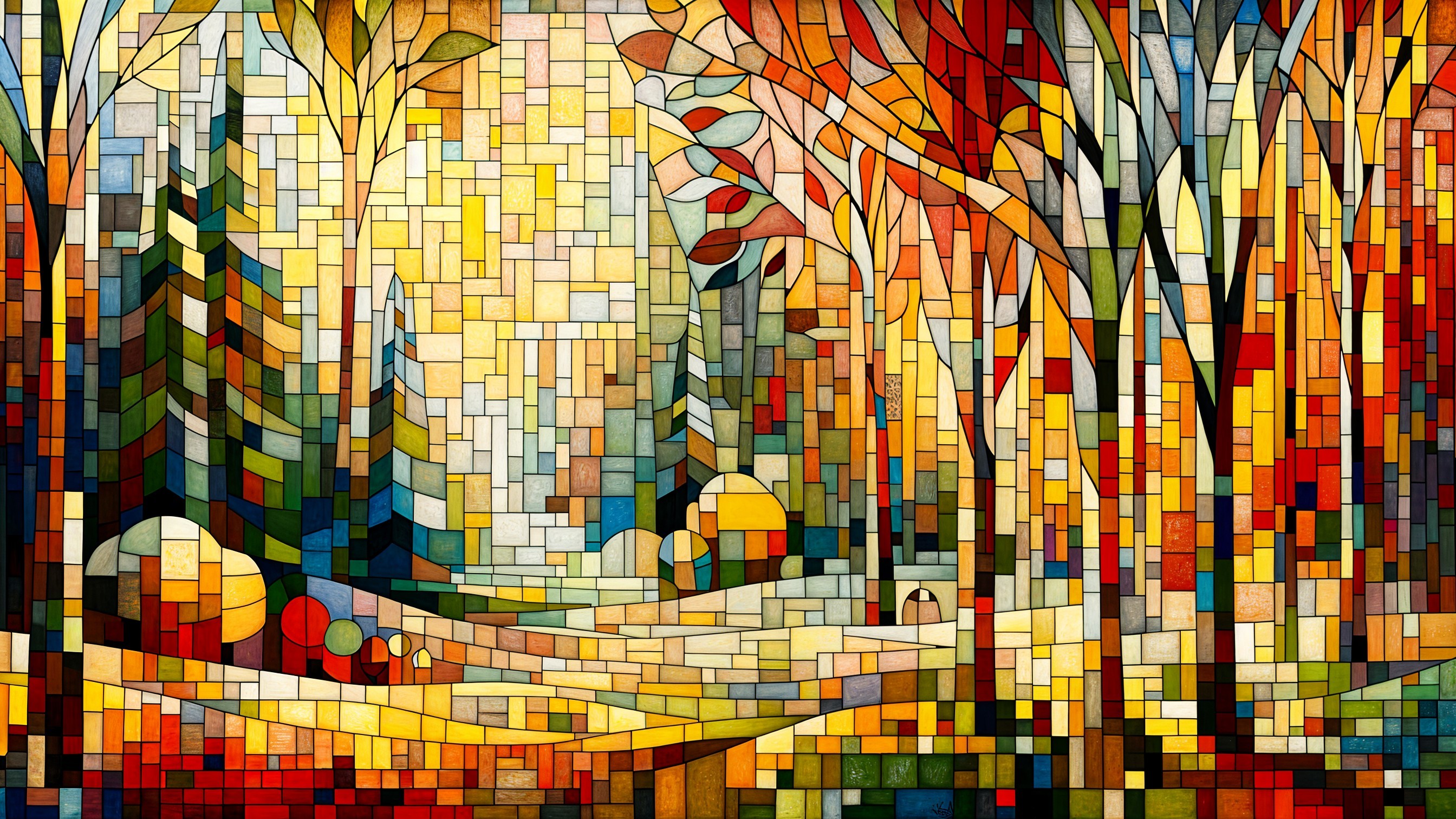 Vibrant Mosaic Autumn Landscape with Geometric Patterns