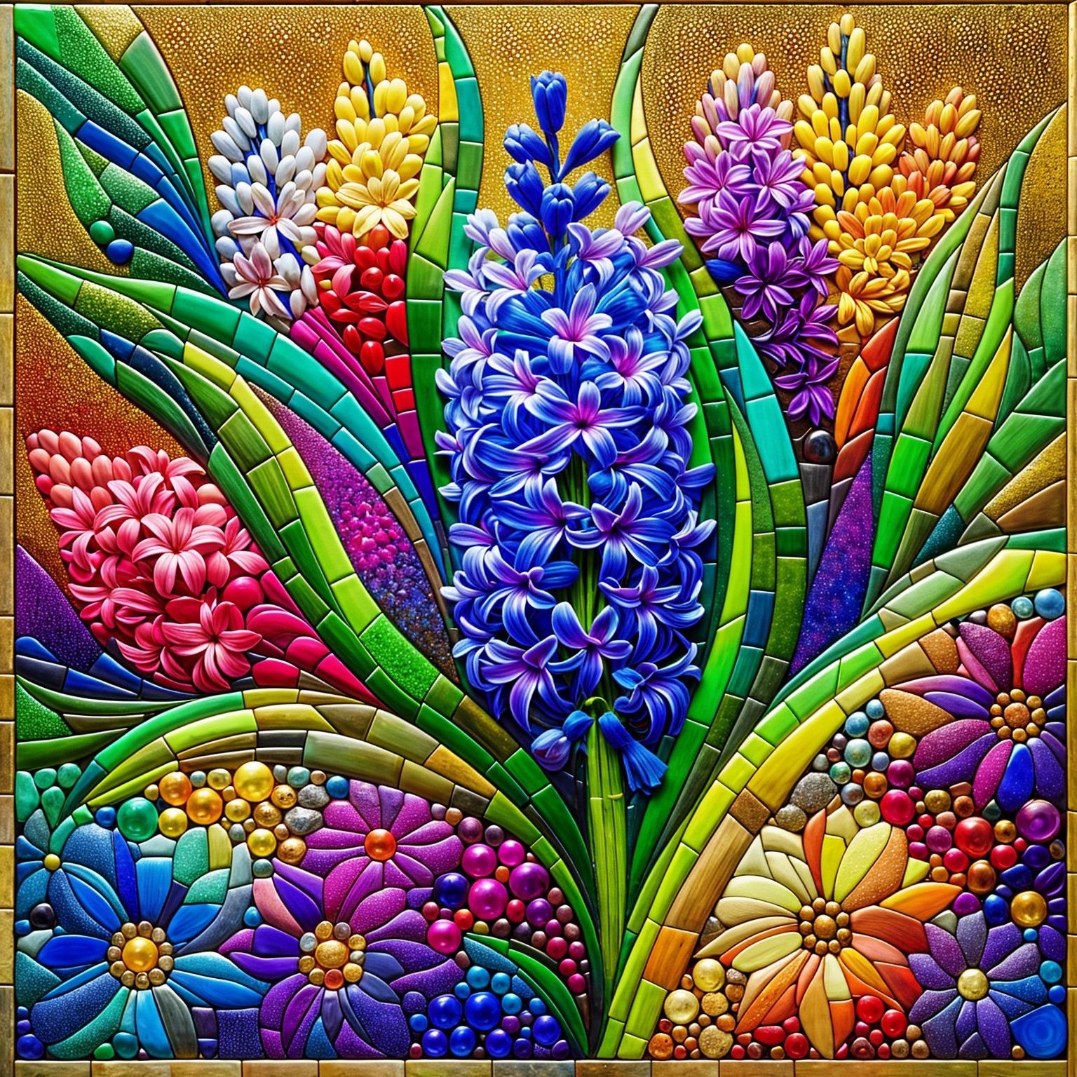 Vibrant Artwork of Colorful Flowers on Golden Background