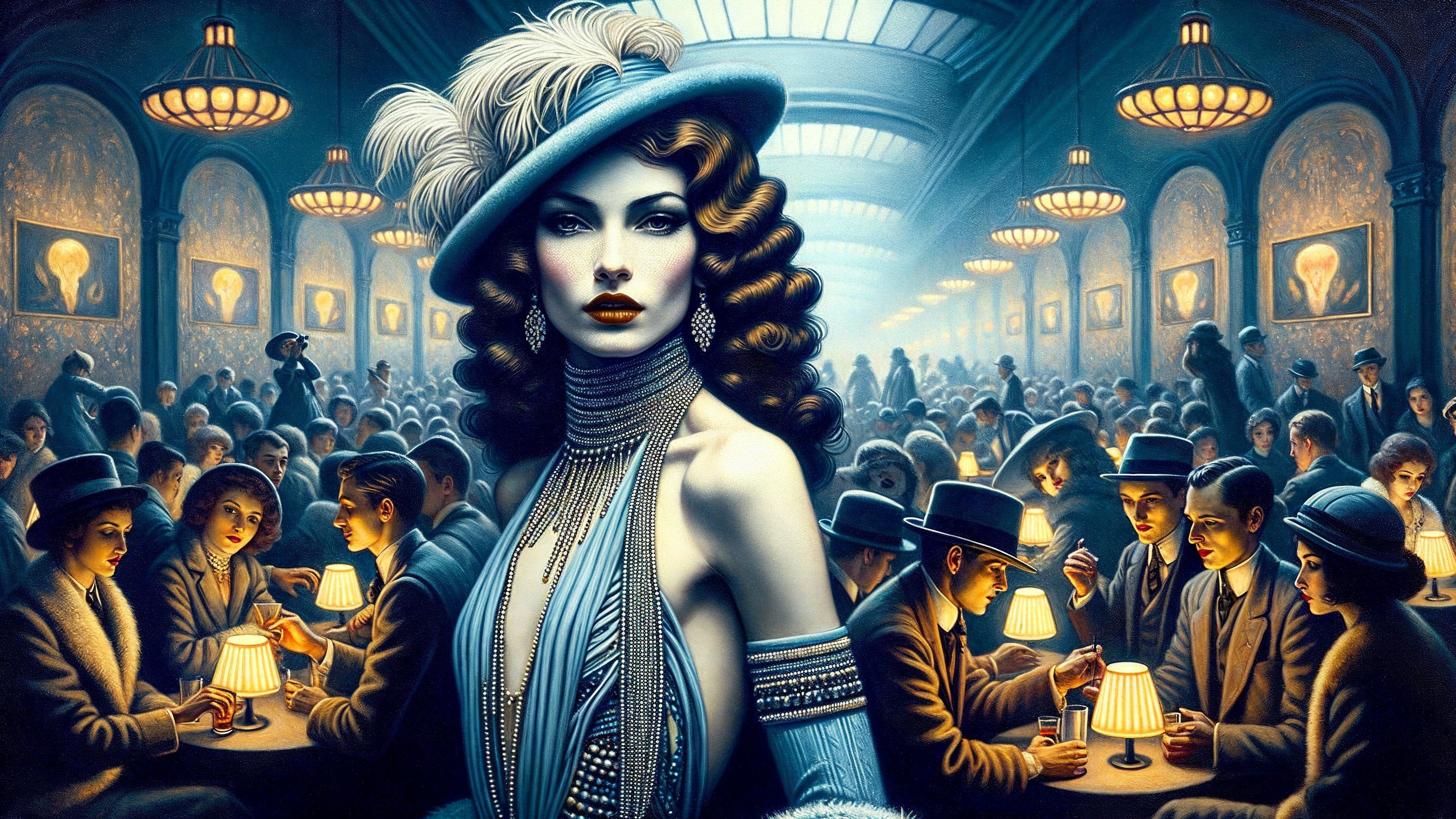 Glamorous Woman in Art Deco Setting with Patrons