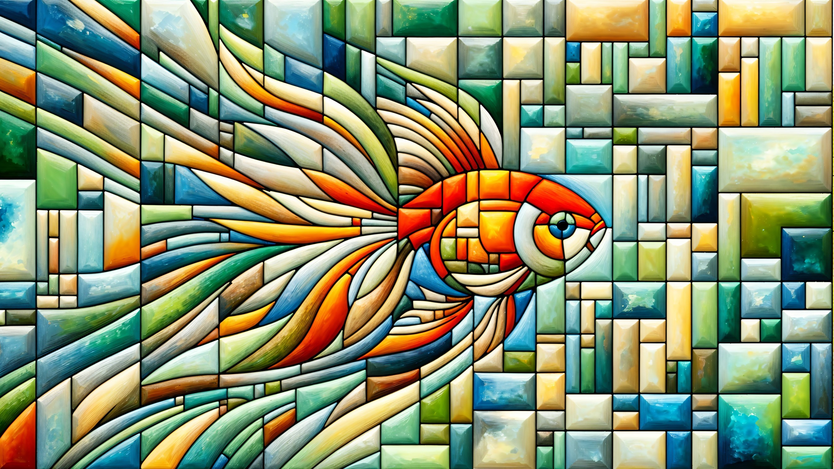 Vibrant Goldfish in Colorful Geometric Mosaic Scene