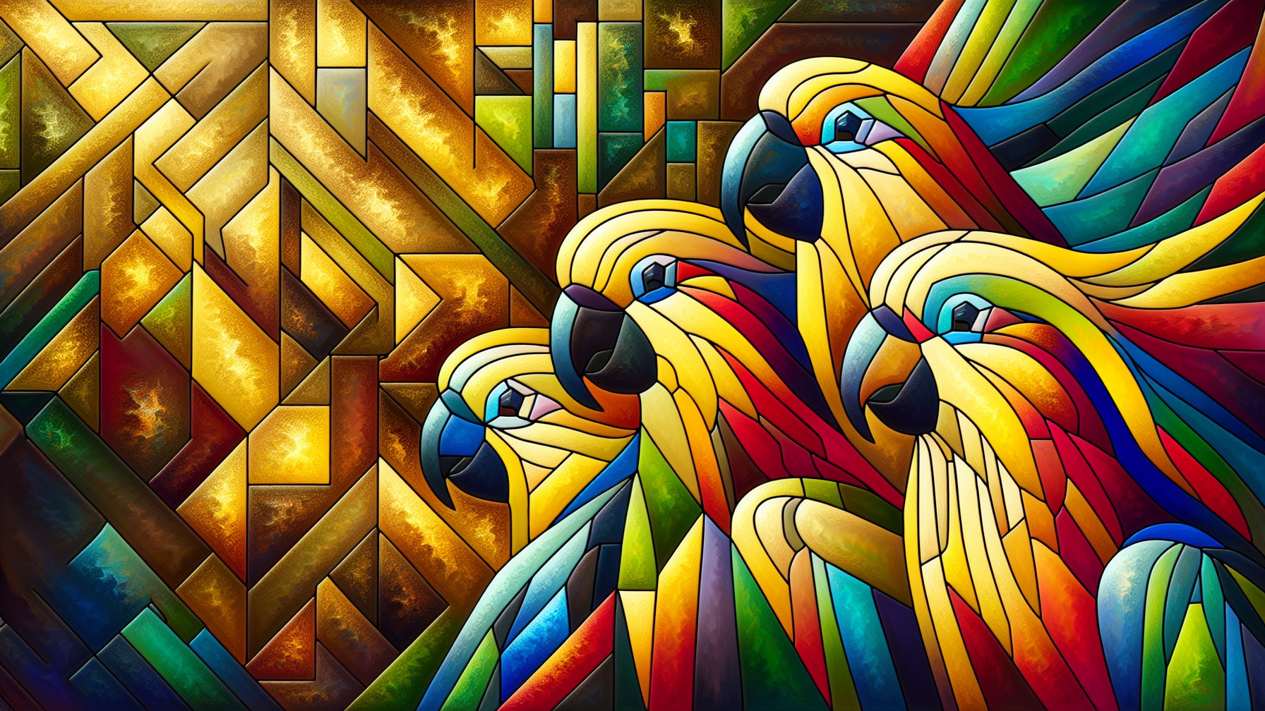 Vibrant Abstract Artwork of Colorful Parrots in Mosaic
