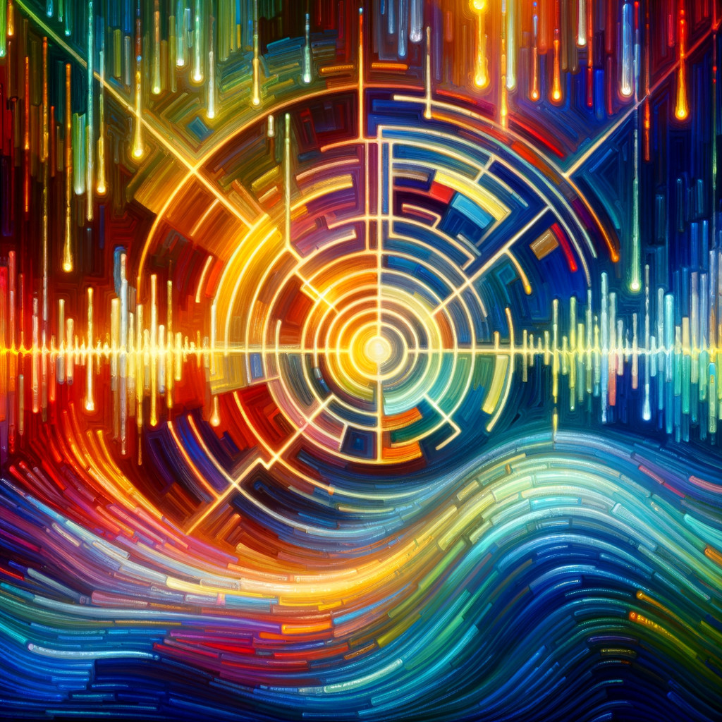 Vibrant Abstract Composition with Circular Maze Design