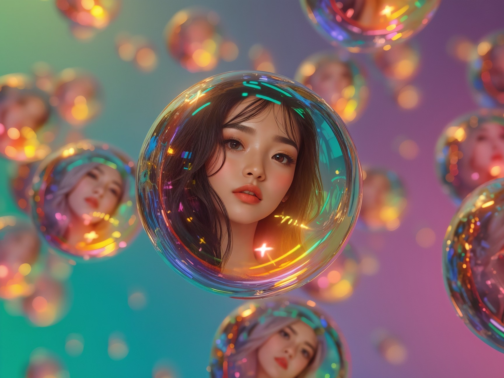 Surreal Scene of Translucent Bubbles with Faces