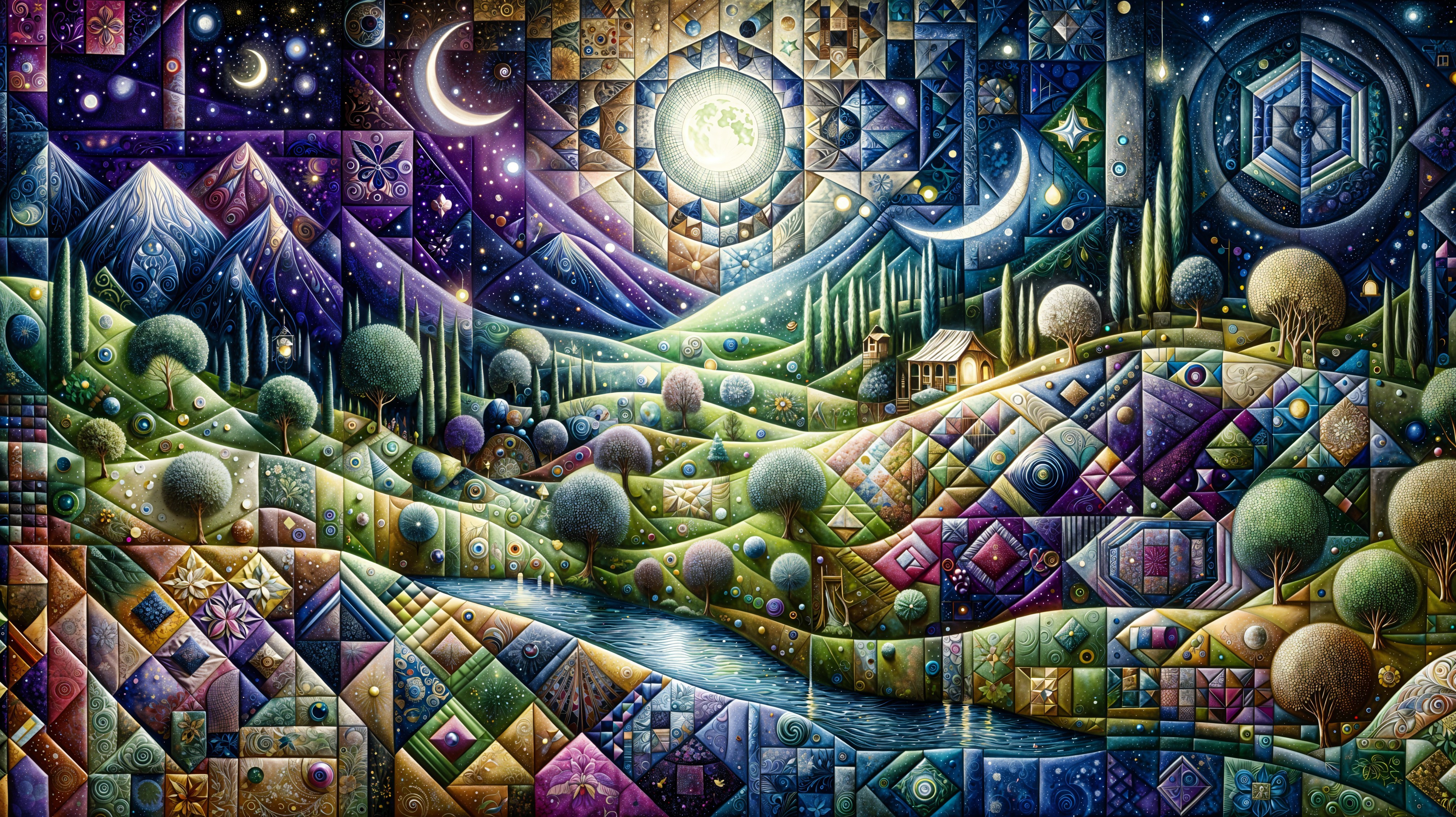 Surreal Landscape with Geometric Patterns and Colors