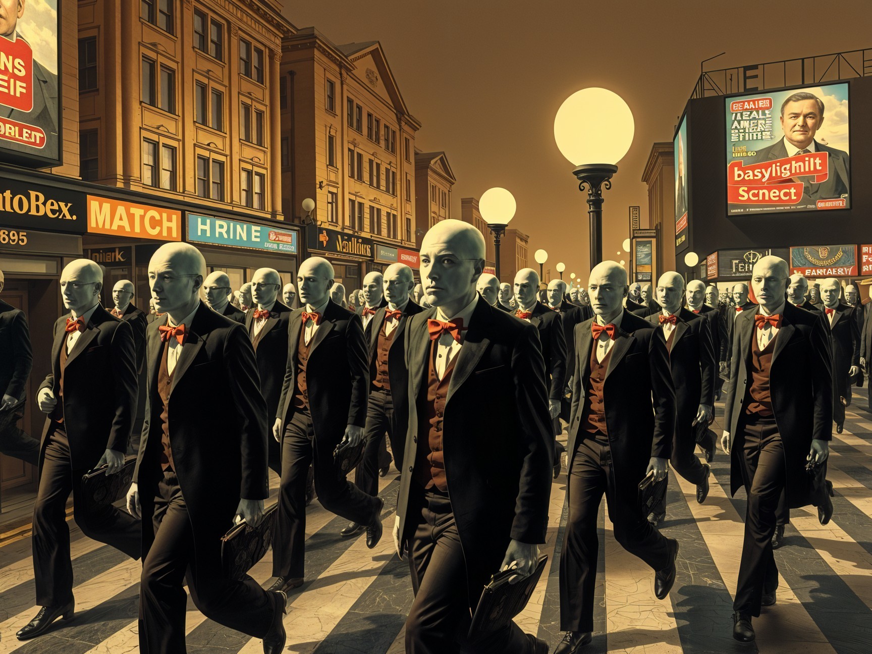 Crowd of Identical Figures in Tuxedos on City Street