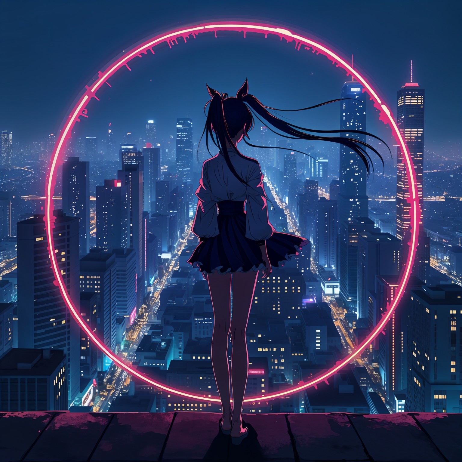 Silhouette of Girl on Rooftop Overlooking Cityscape