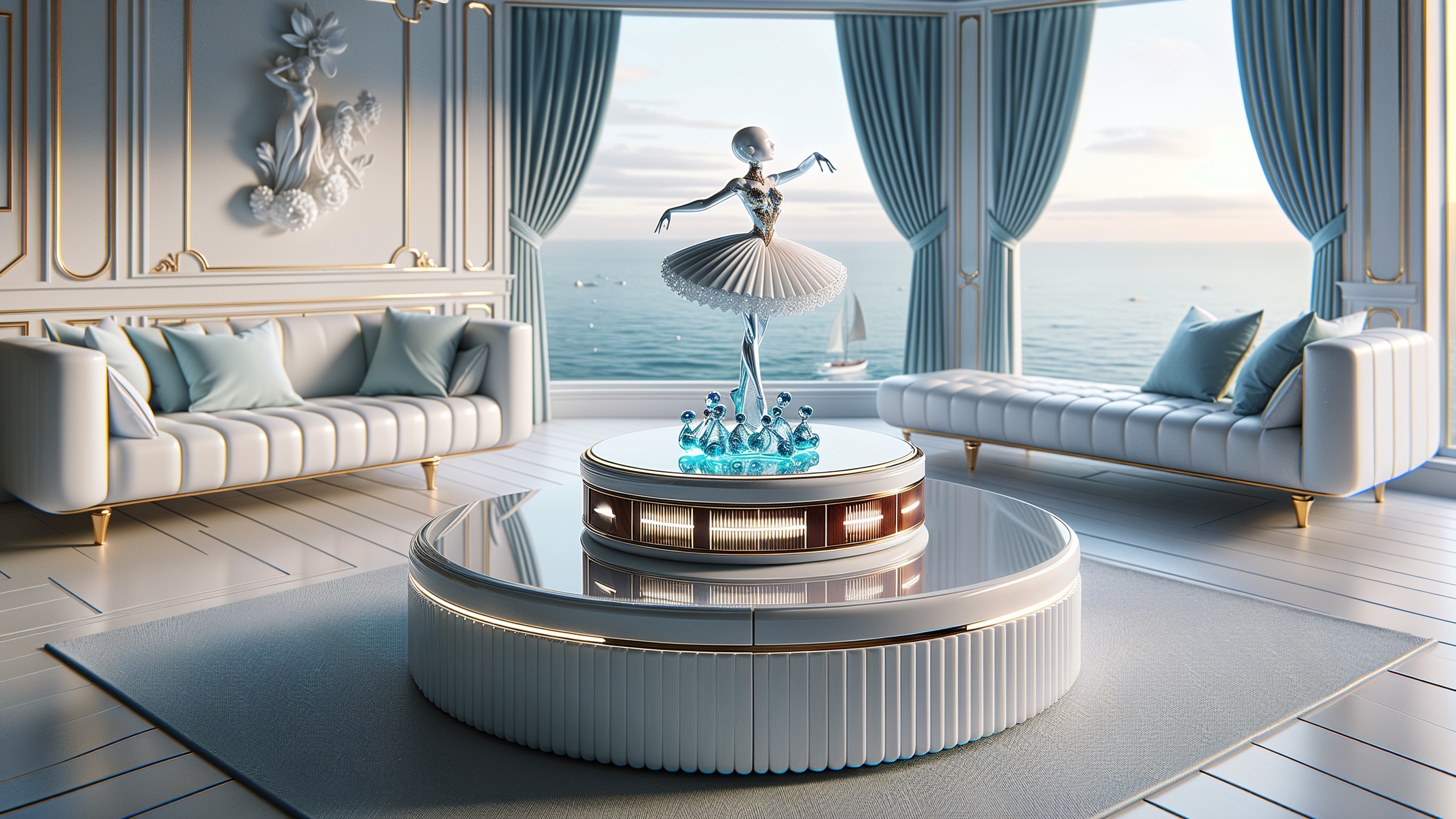 Elegant Living Room with Ocean View and Glass Figurine