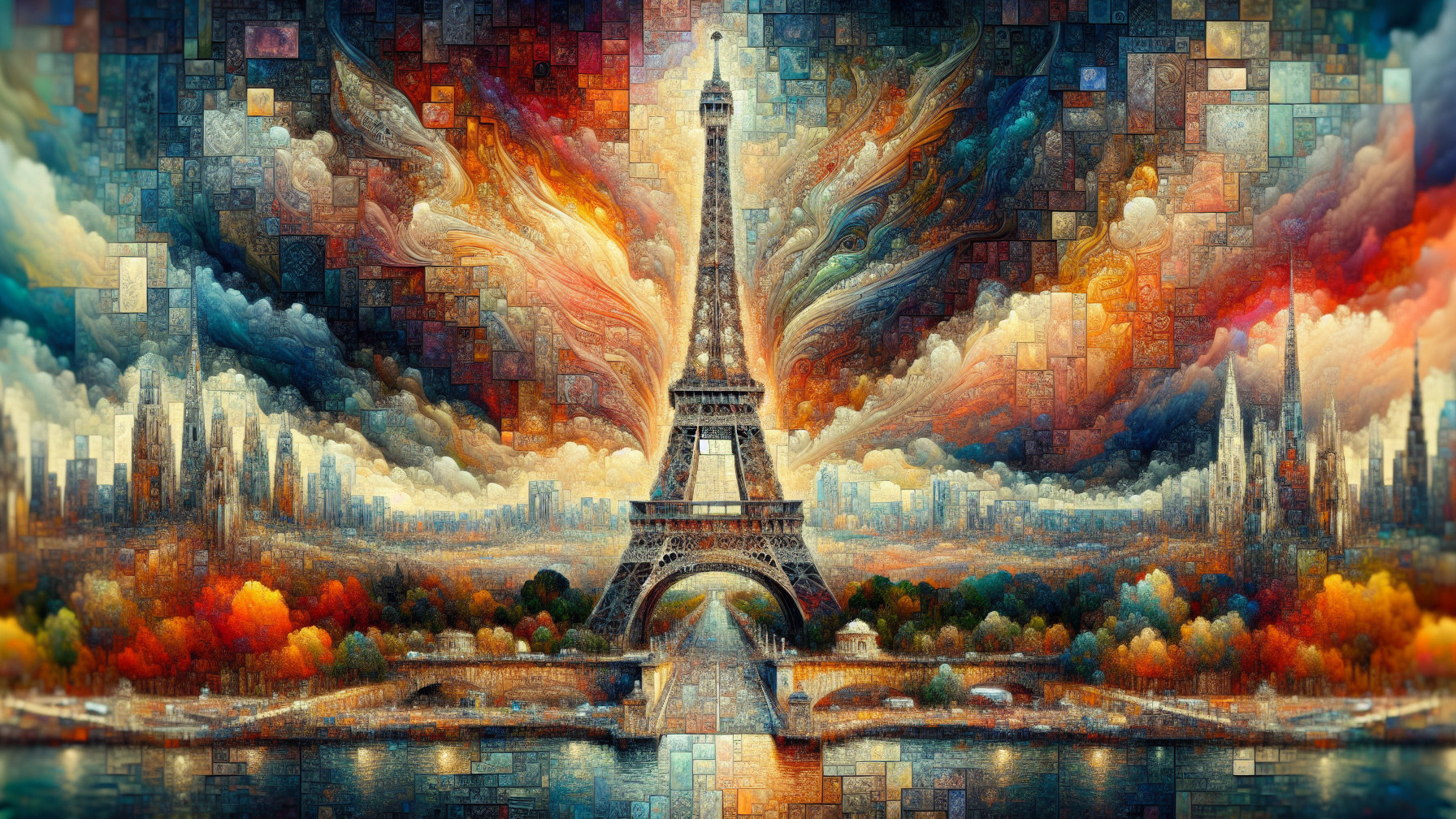 Surreal Eiffel Tower Scene with Colorful Sky and Cityscape