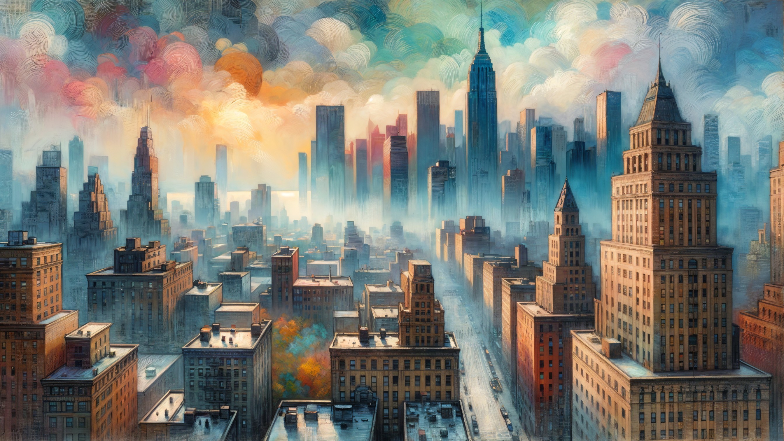Vibrant Cityscape at Dawn with Iconic Skyscrapers
