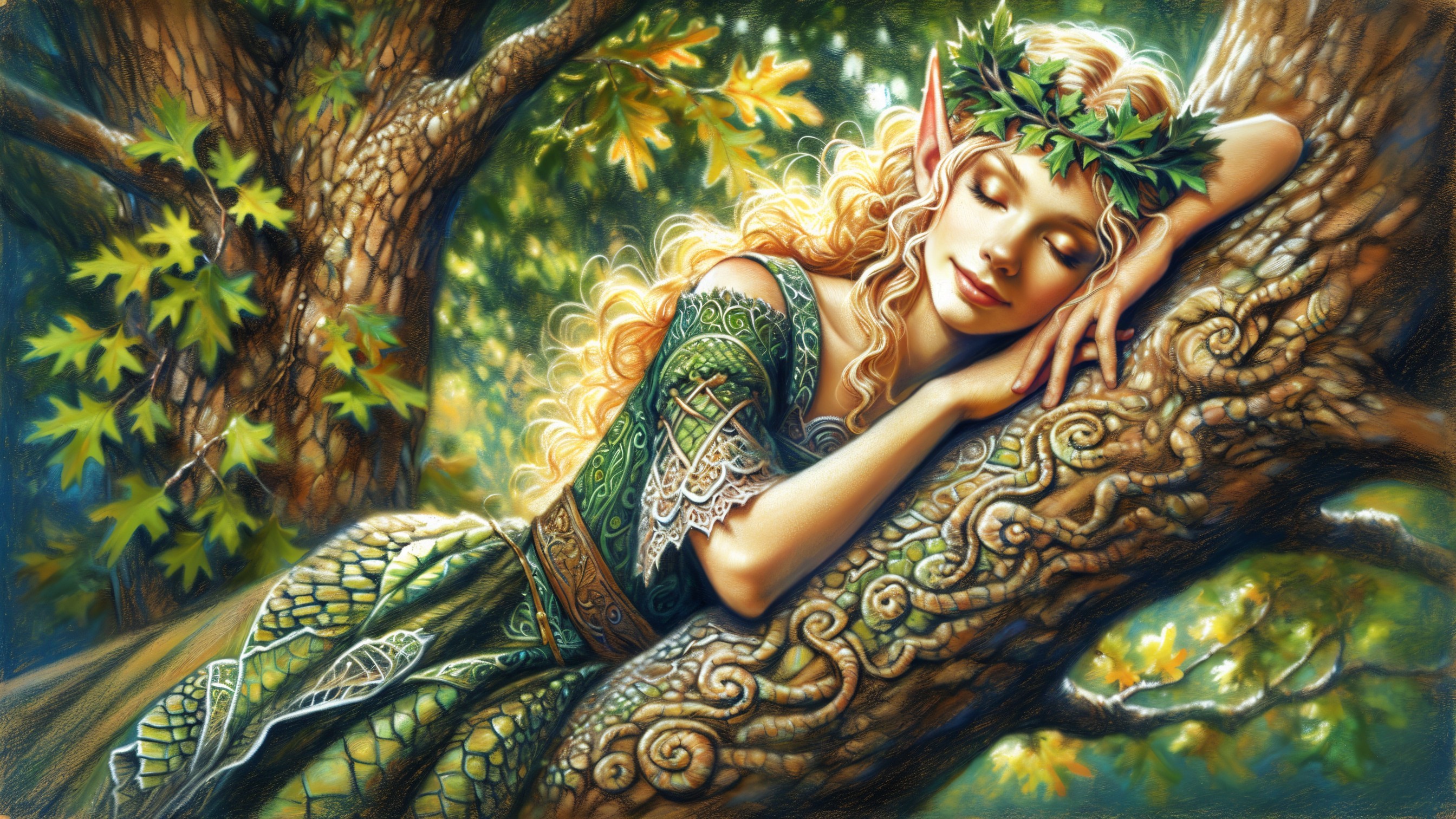 Serene Elf in Vibrant Green Gown in Sunlit Forest