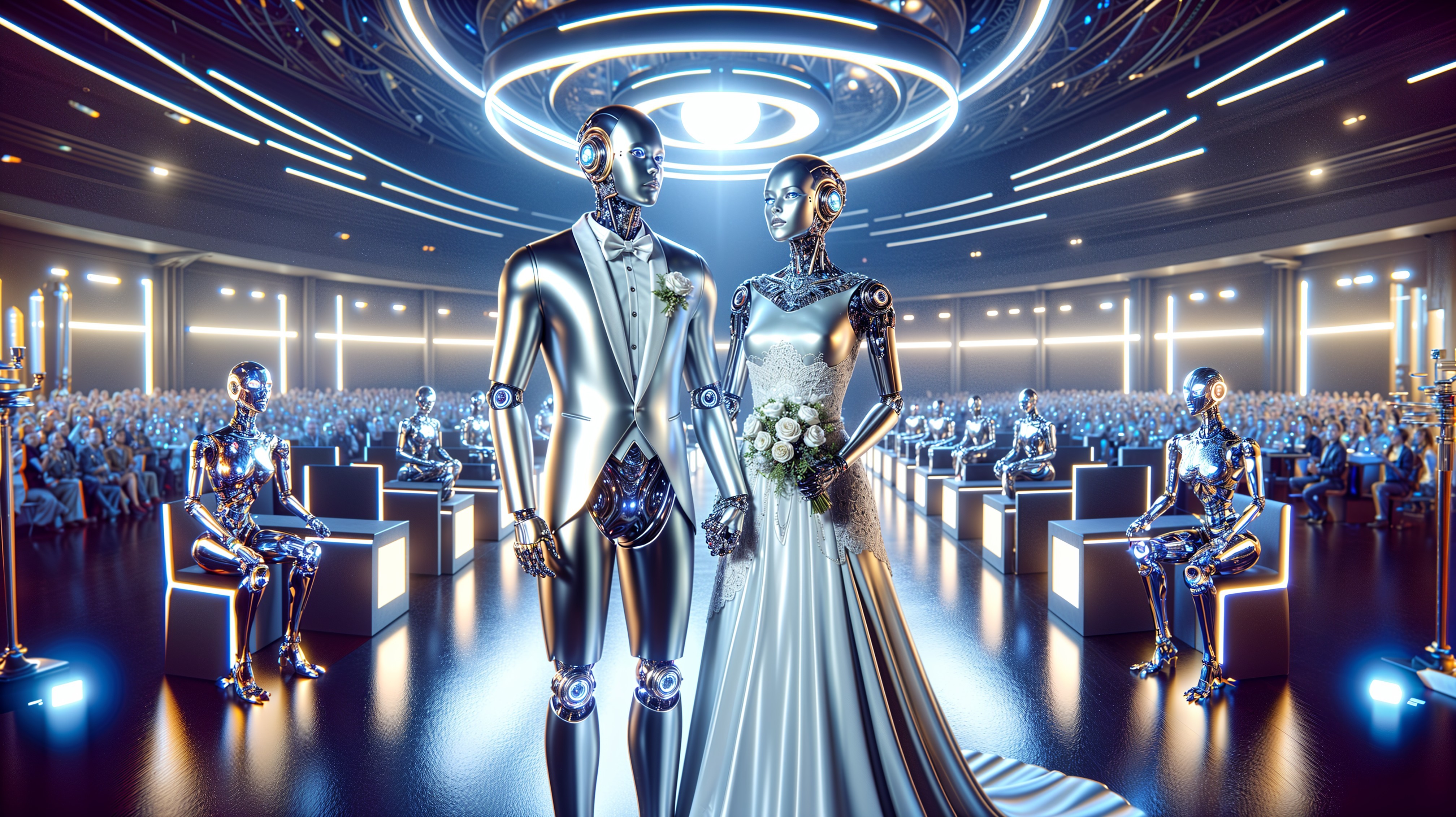 Futuristic Wedding of Silver Robotic Couple in Modern Hall