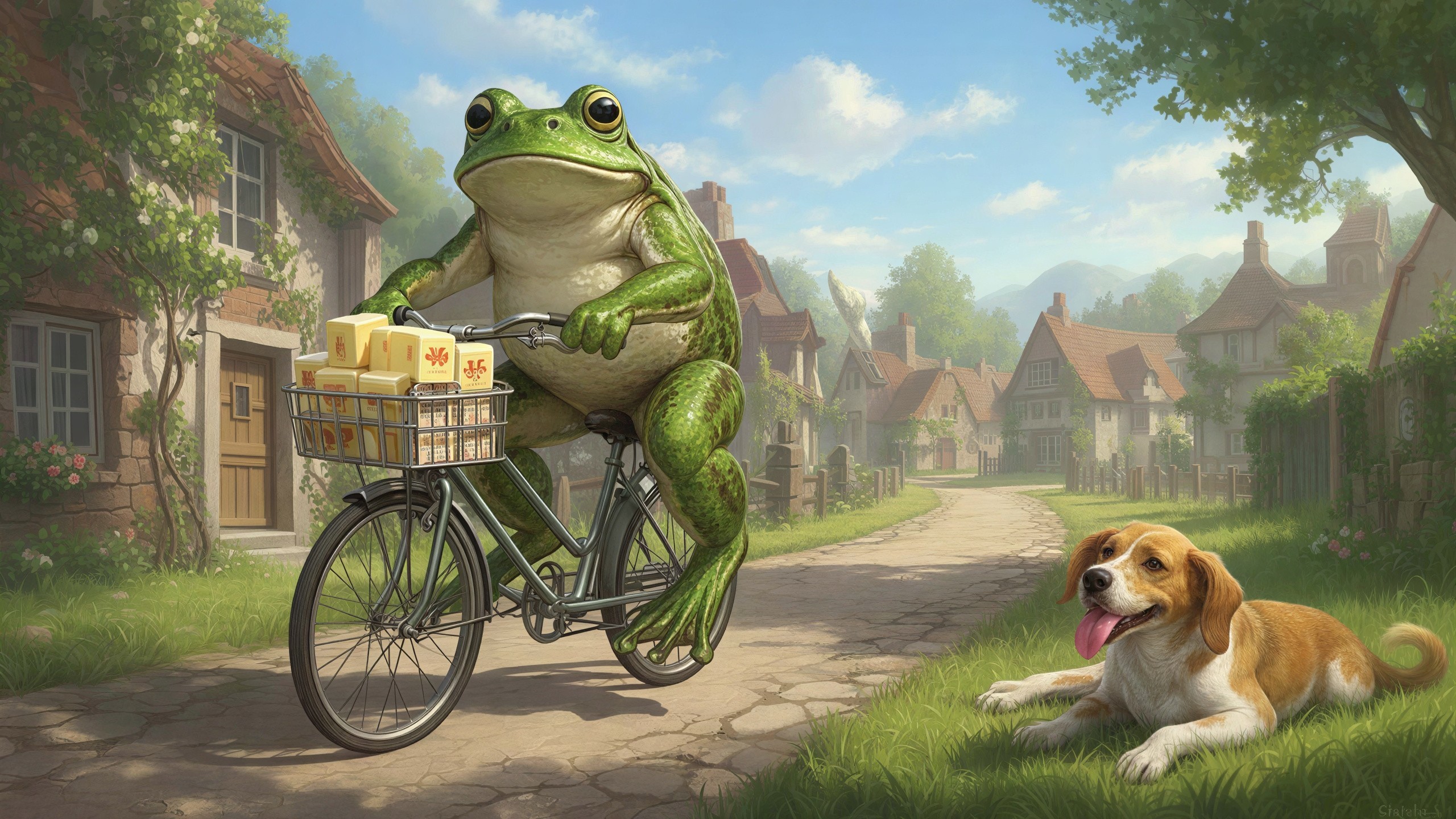 Bright Green Frog Riding Bicycle in Picturesque Village