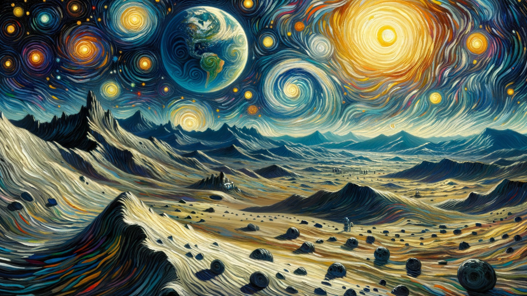 Surreal Landscape with Stars, Planets, and Mountains