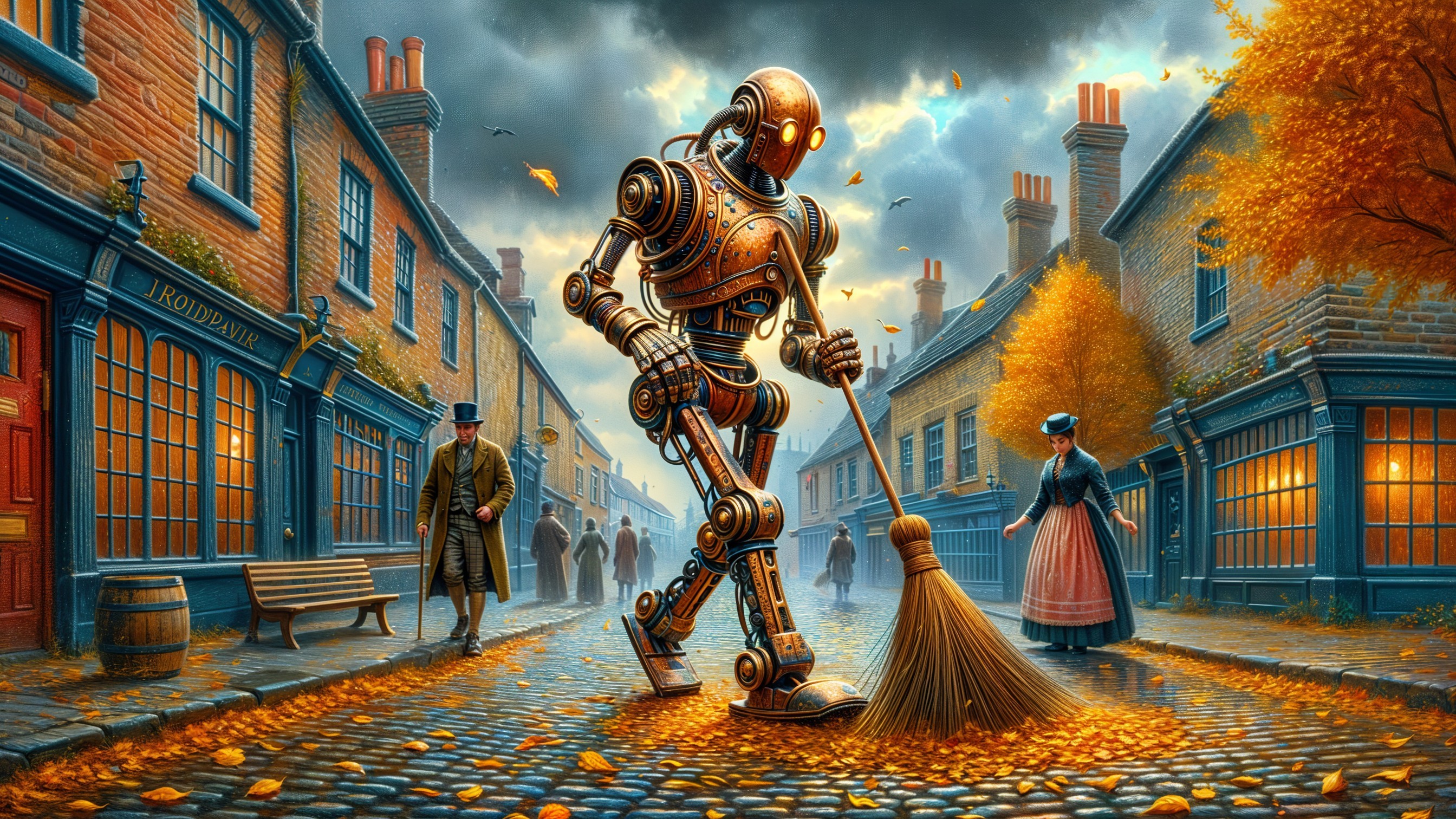 Steampunk Robot Sweeping Leaves in Autumn Village