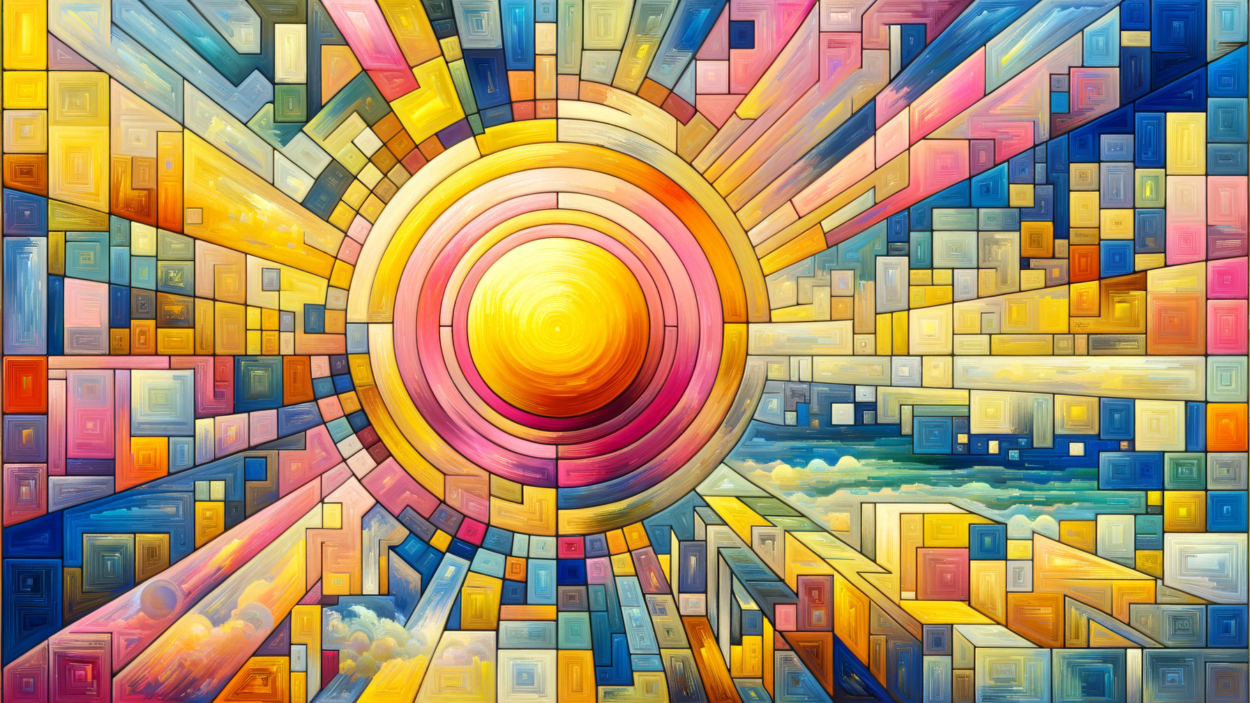 Vibrant Abstract Artwork with Radiant Sun and Colors