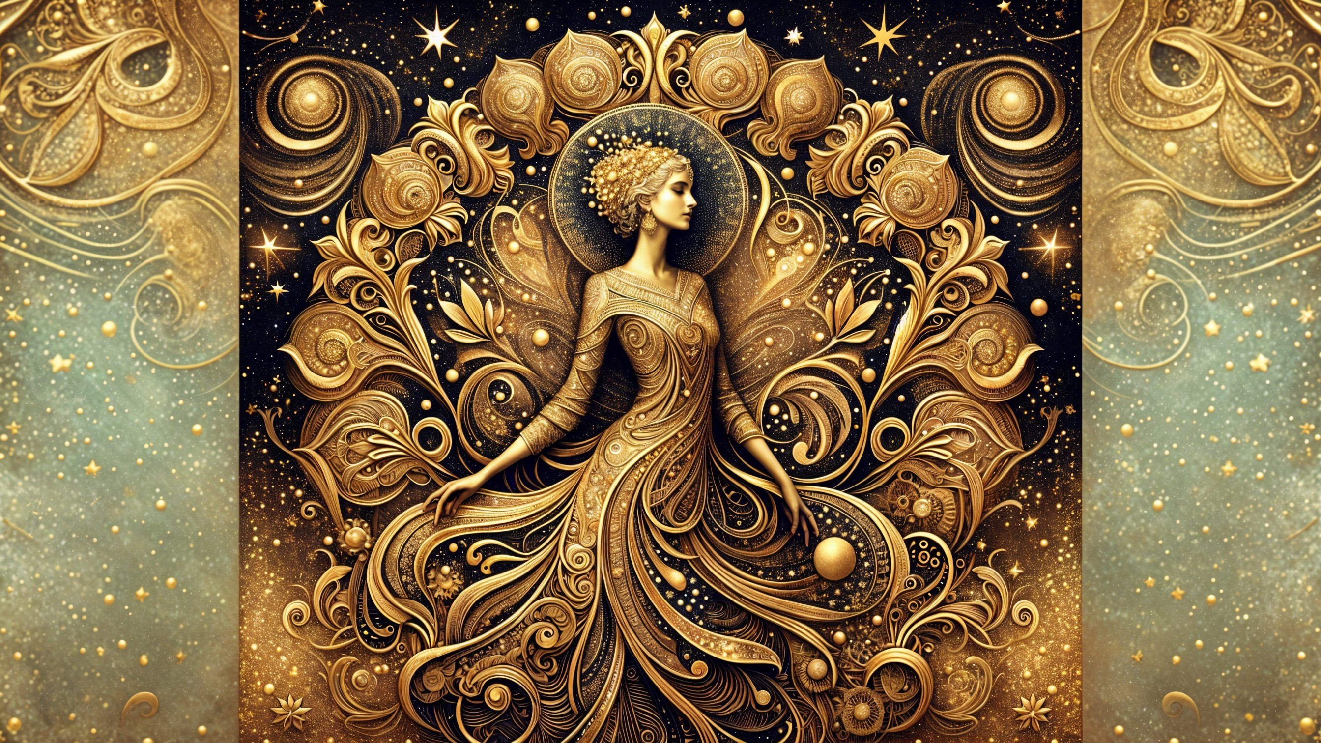 Intricate Female Figure in Celestial Gold Gown