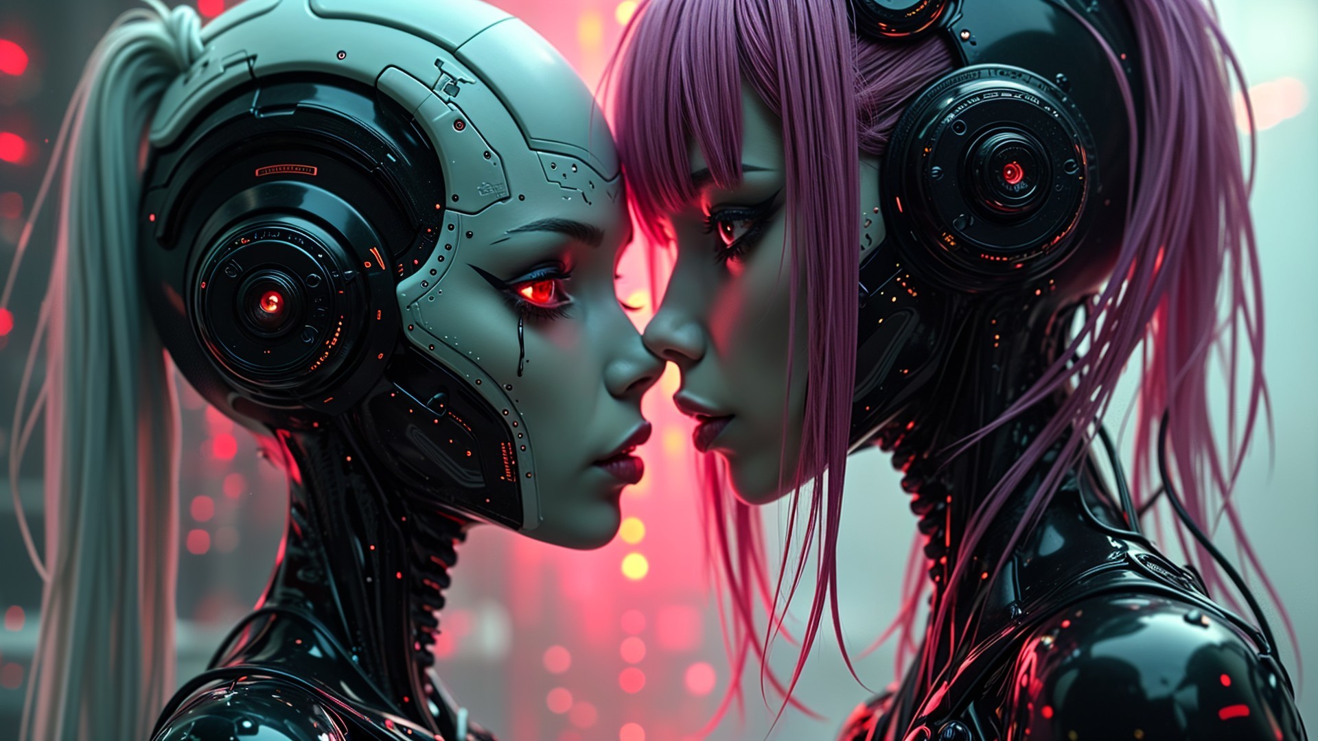 Futuristic Androids with Metallic Bodies and Neon Lights
