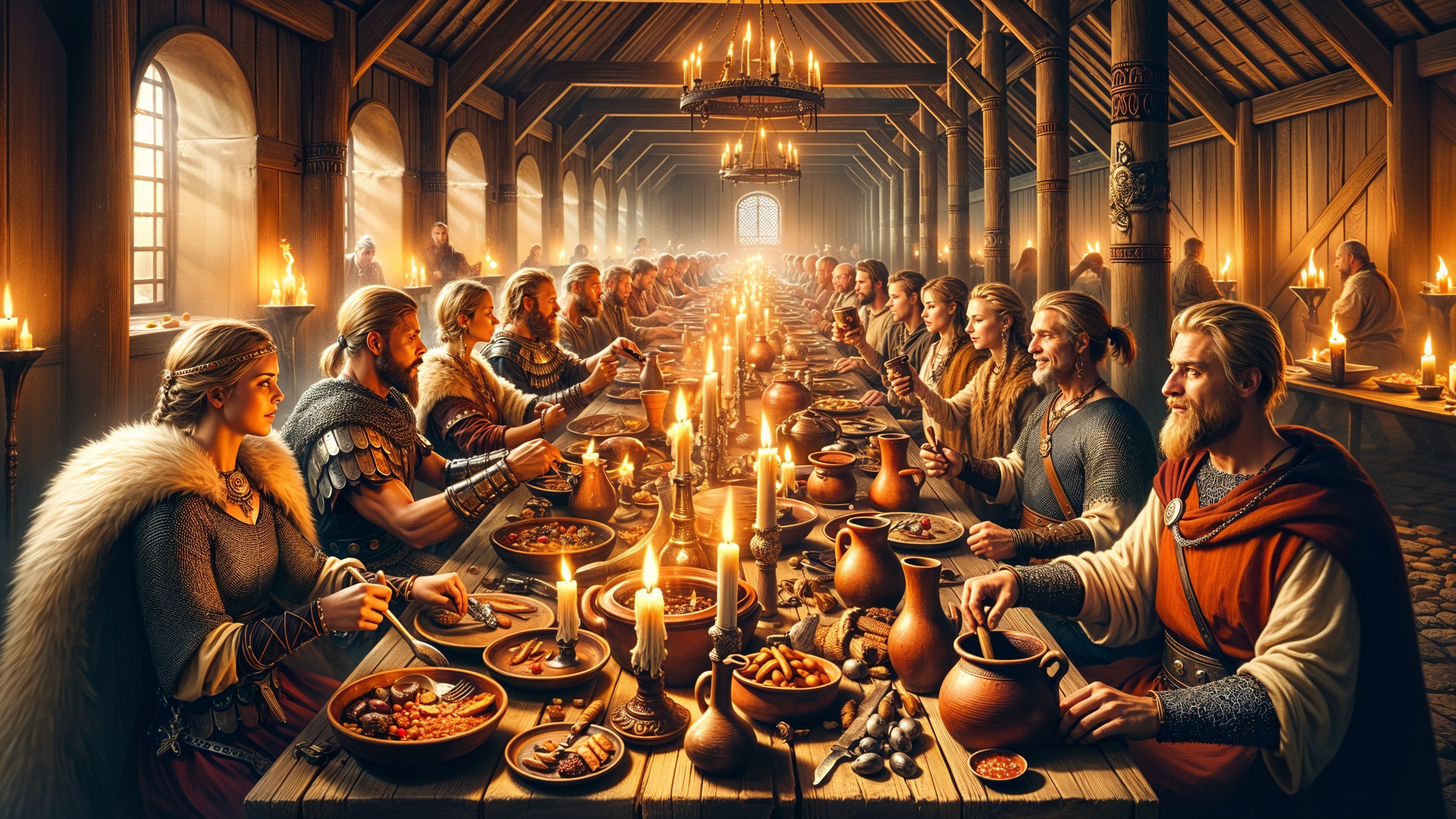 Viking Banquet Scene in Candlelit Hall