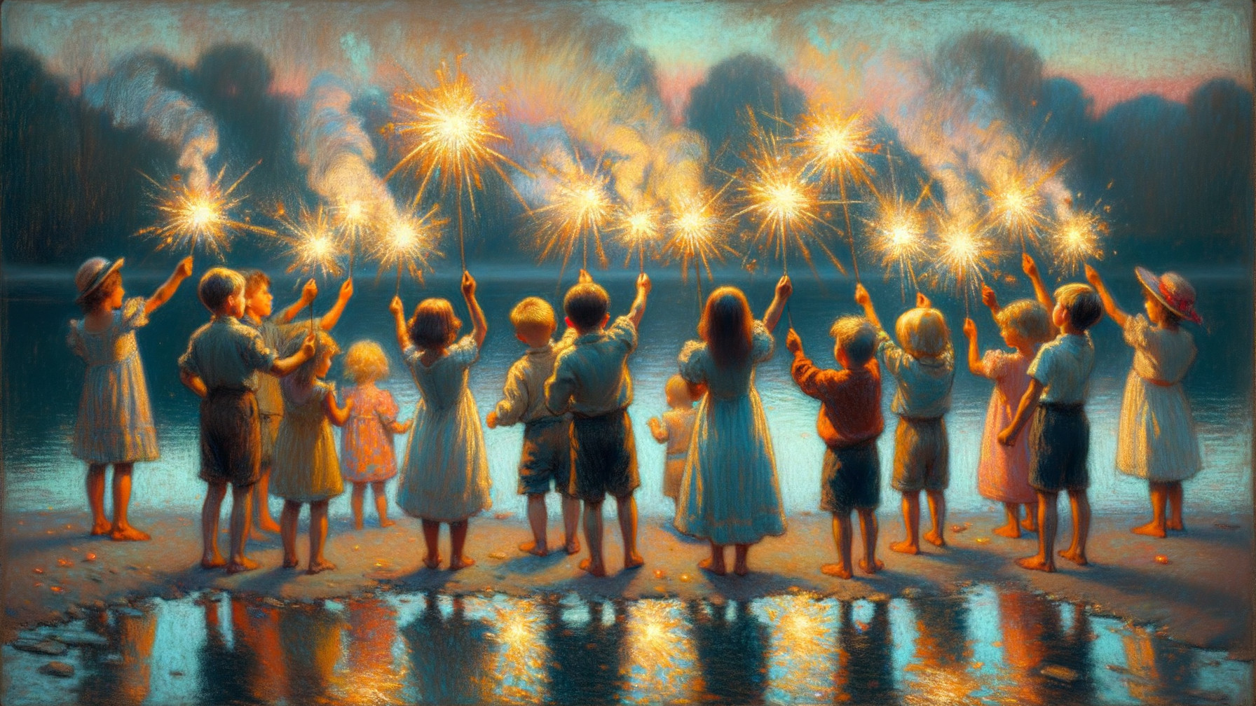 Children with Sparklers by the Water at Twilight