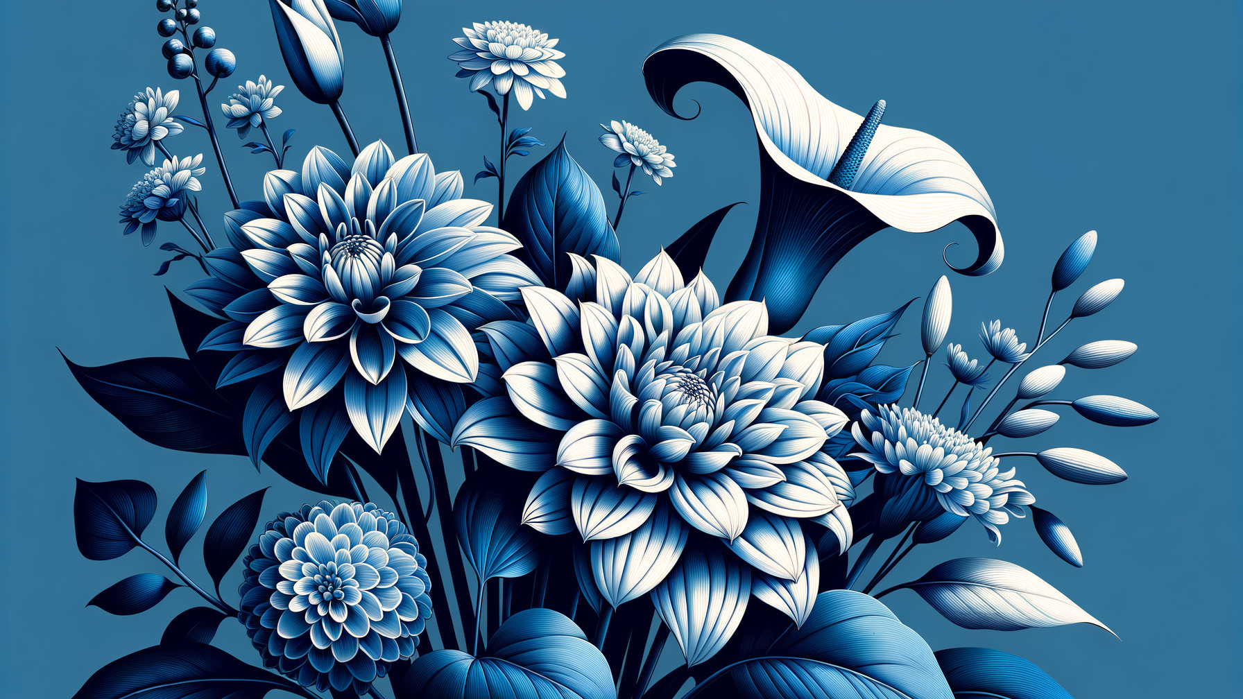 Floral Arrangement in Shades of Blue with Dahlias and Lilies