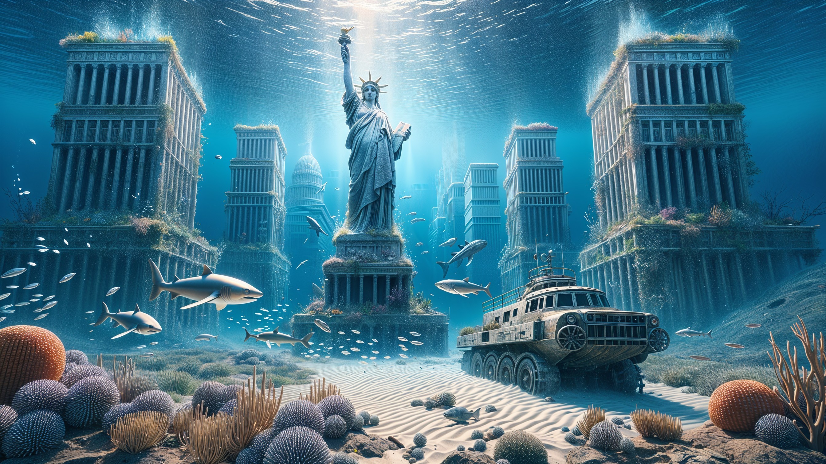 Submerged City with Coral Structures and Marine Life