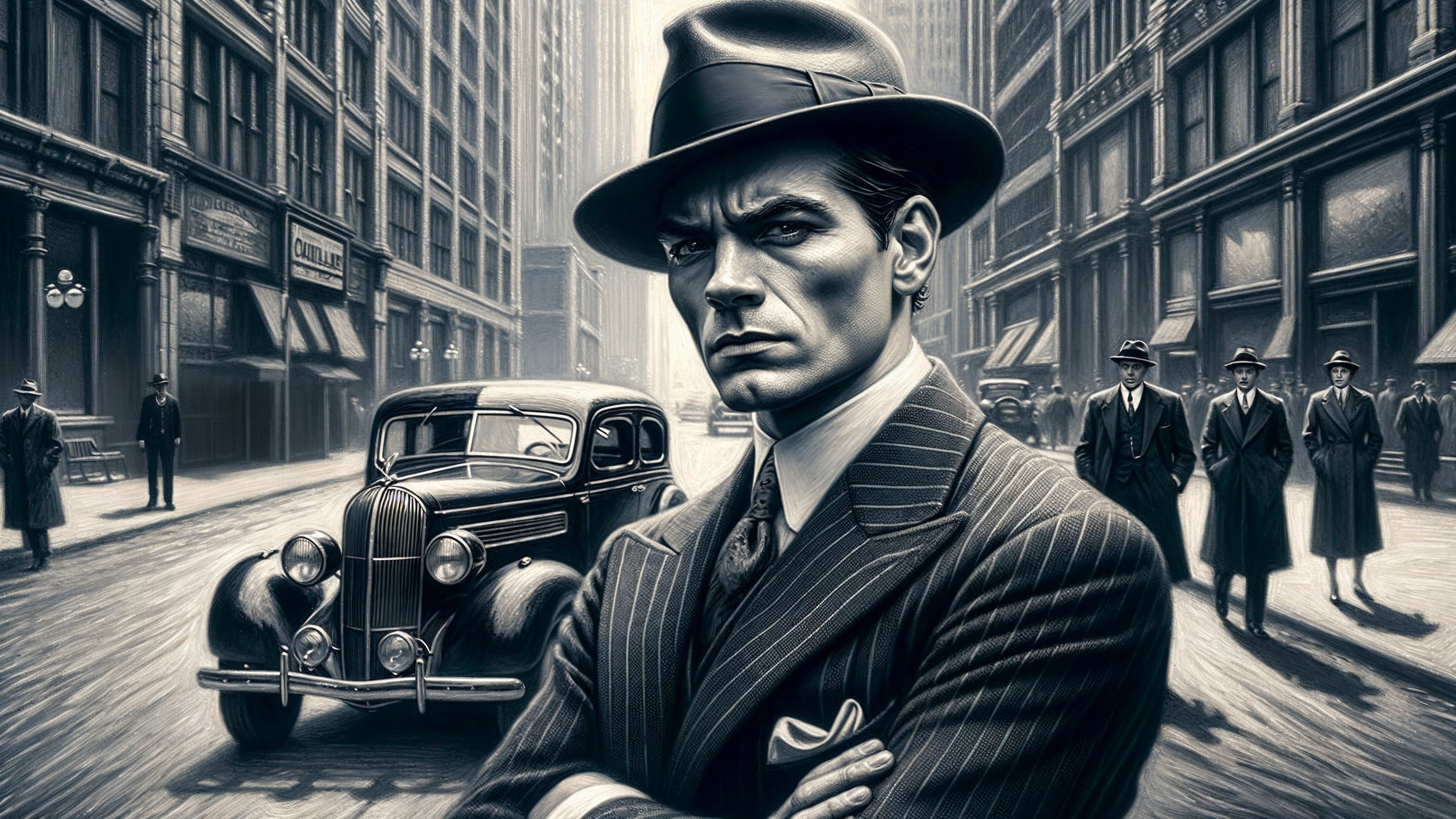 Dapper Man in 1920s Urban Setting with Classic Cars