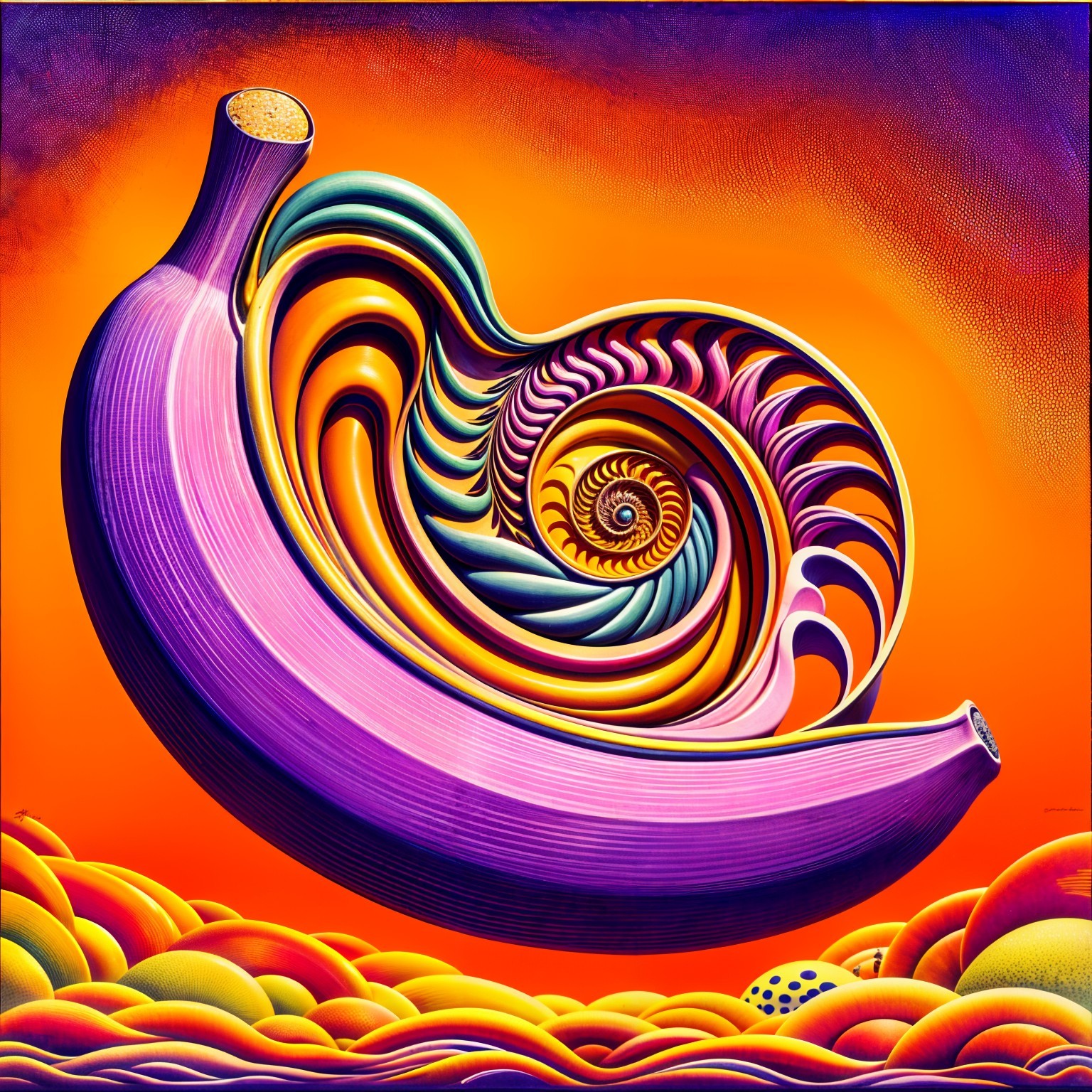 Surreal Spiral-Shaped Banana in Vibrant Colors