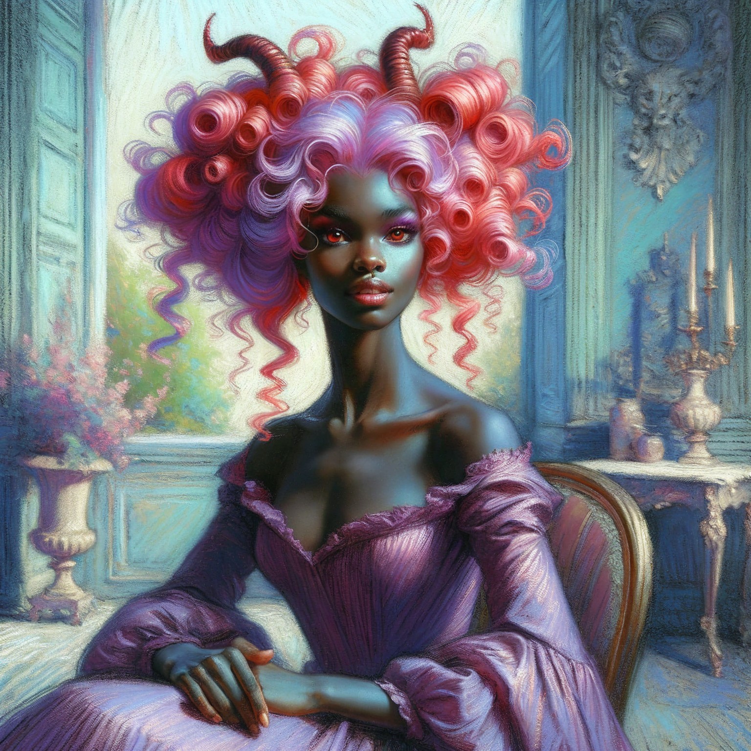 Elegant figure in lavender gown with vibrant hair