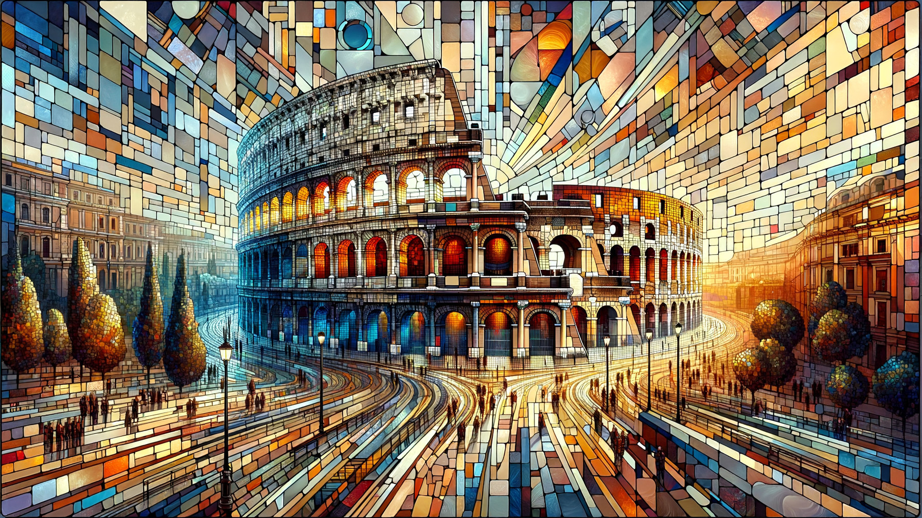 Mosaic Artwork of the Colosseum with Colorful Elements