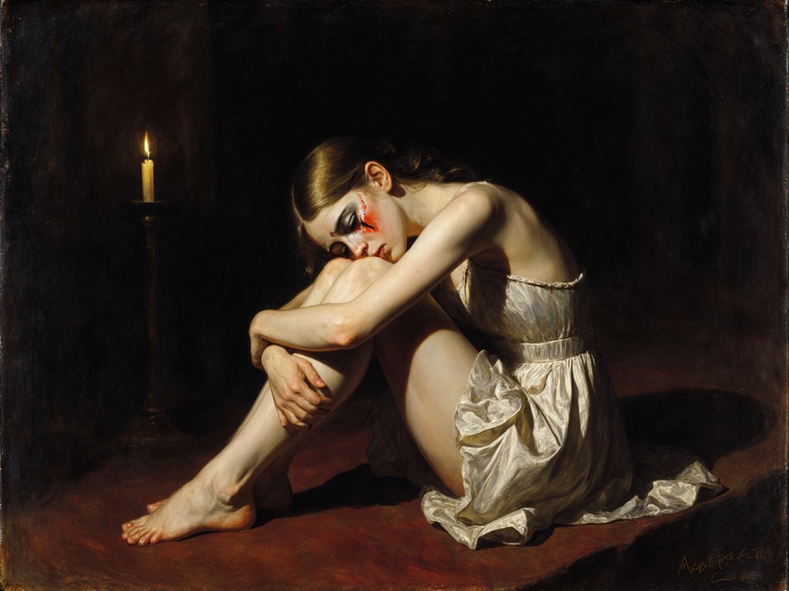 Young Woman in Dim Light with Red Face Markings