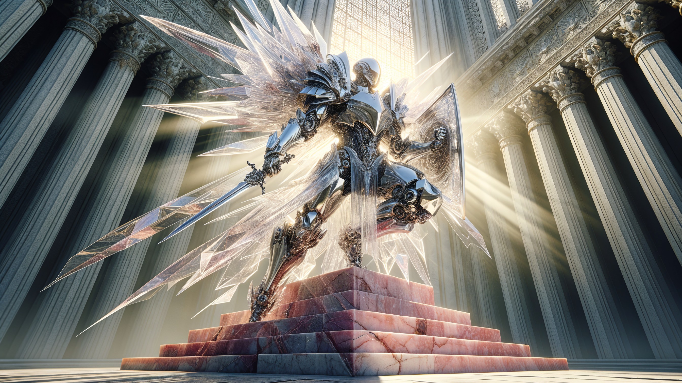 Armored Knight on Stone Pedestal with Stained Glass