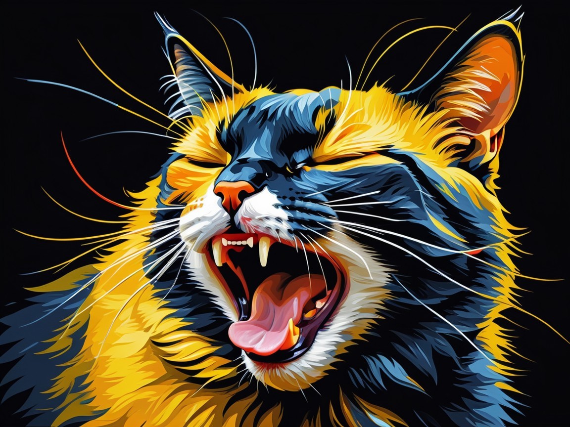 Vibrant Image of a Fierce Cat Mid-Yawn