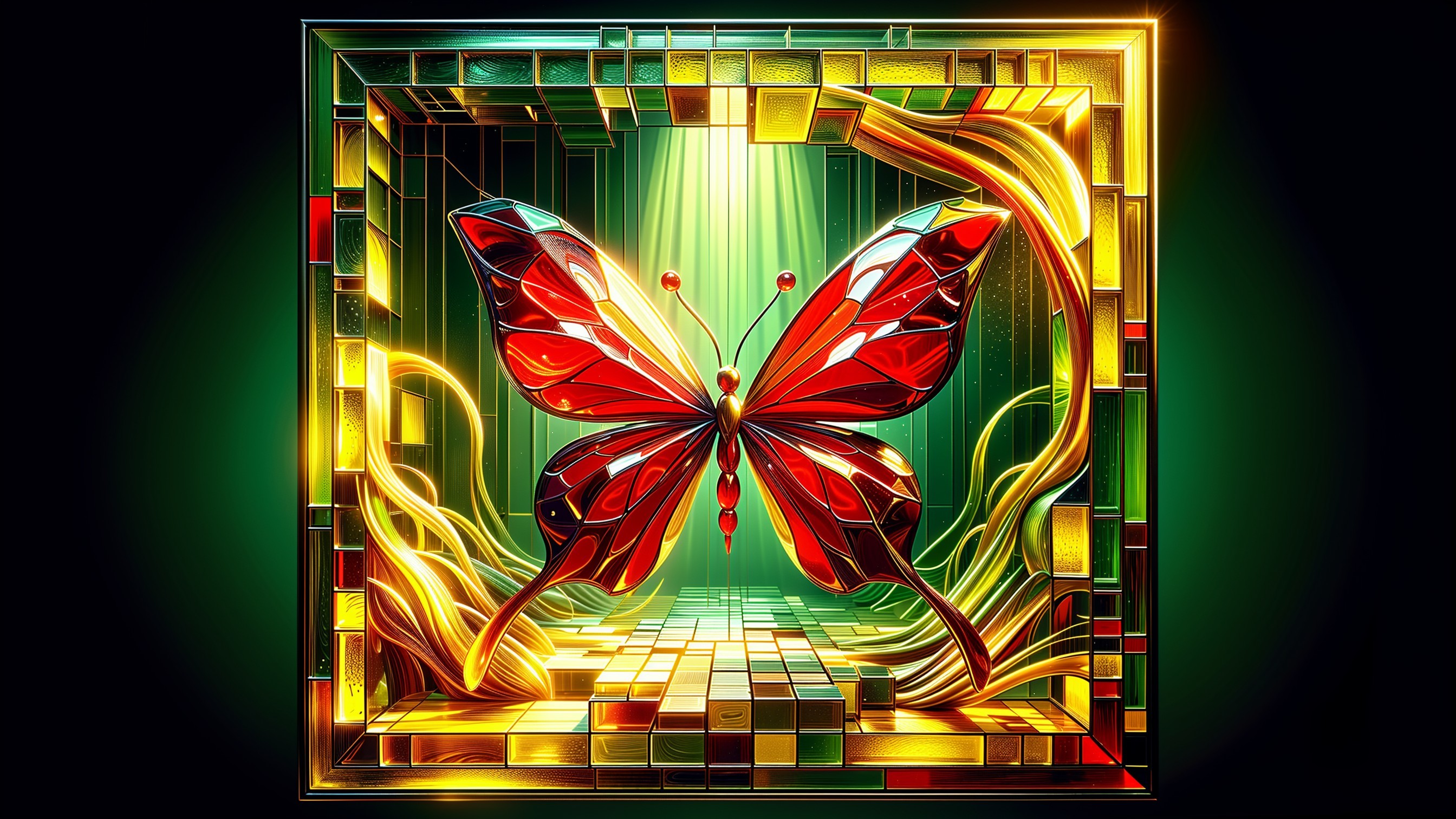 3D Butterfly with Red Wings in Geometric Frame